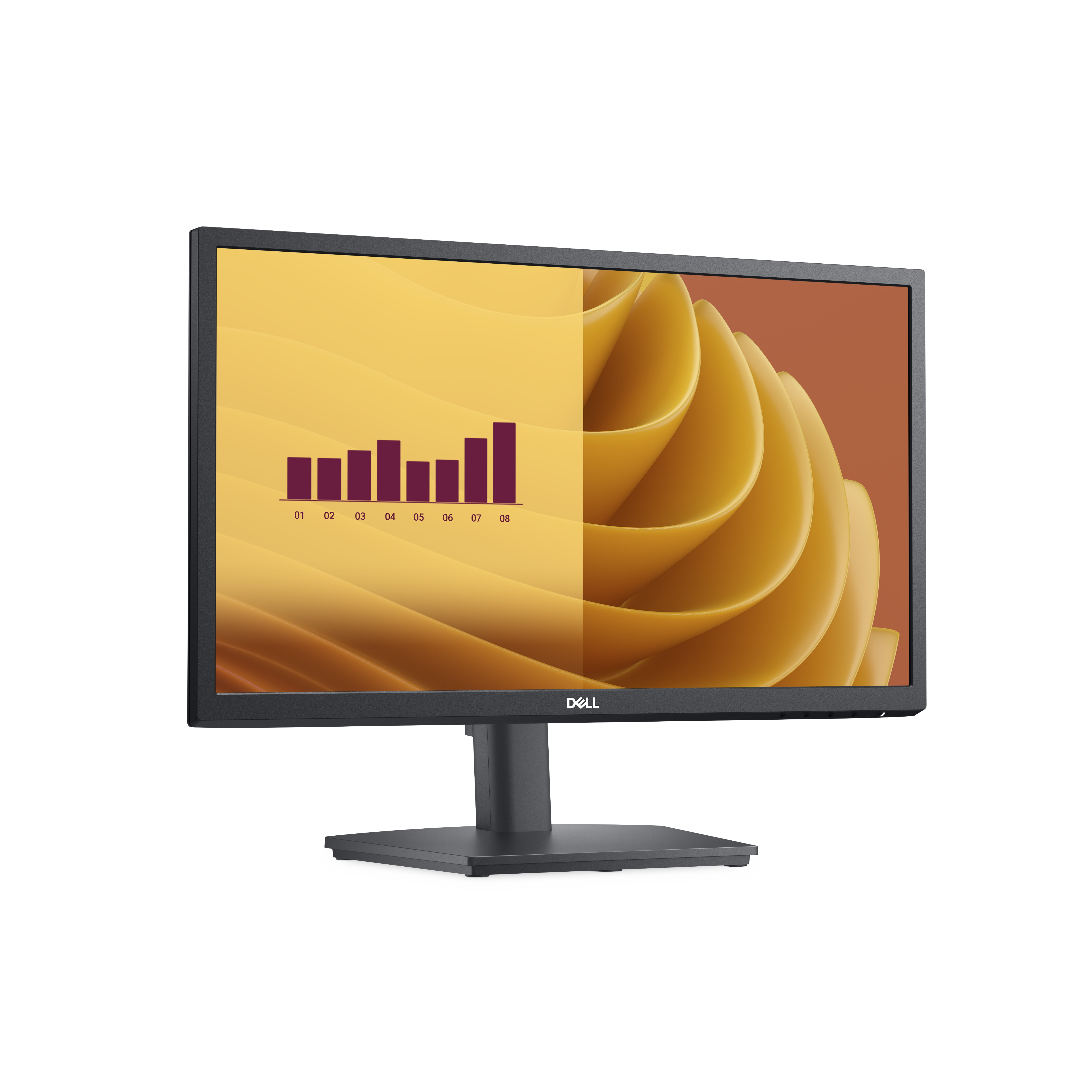 Monitor Dell mostrando un gráfico a la izquierda y una estructura amarilla 3D a la derecha.