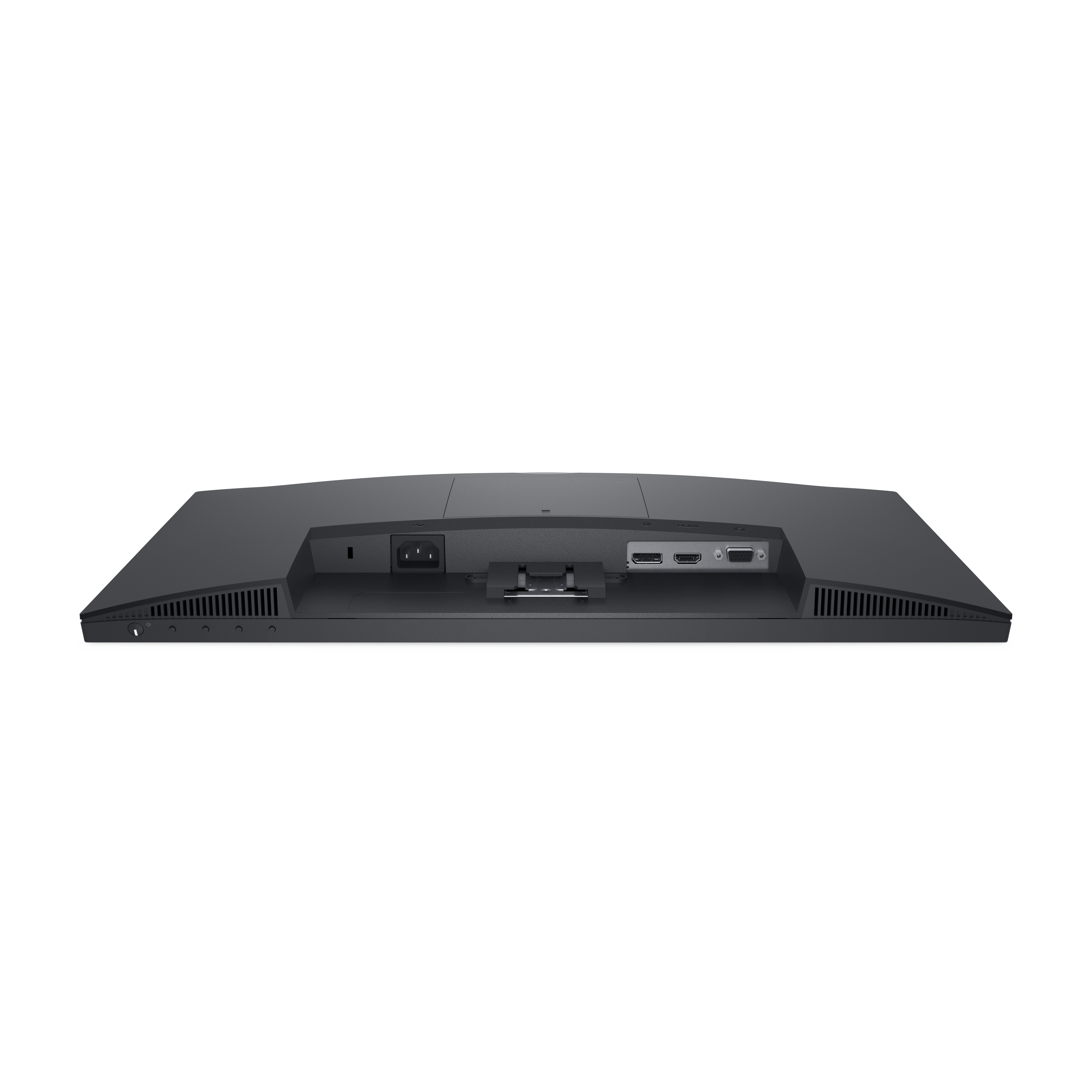 La parte trasera de un monitor negro, que muestra puertos, una entrada de alimentación y ranuras de ventilación.