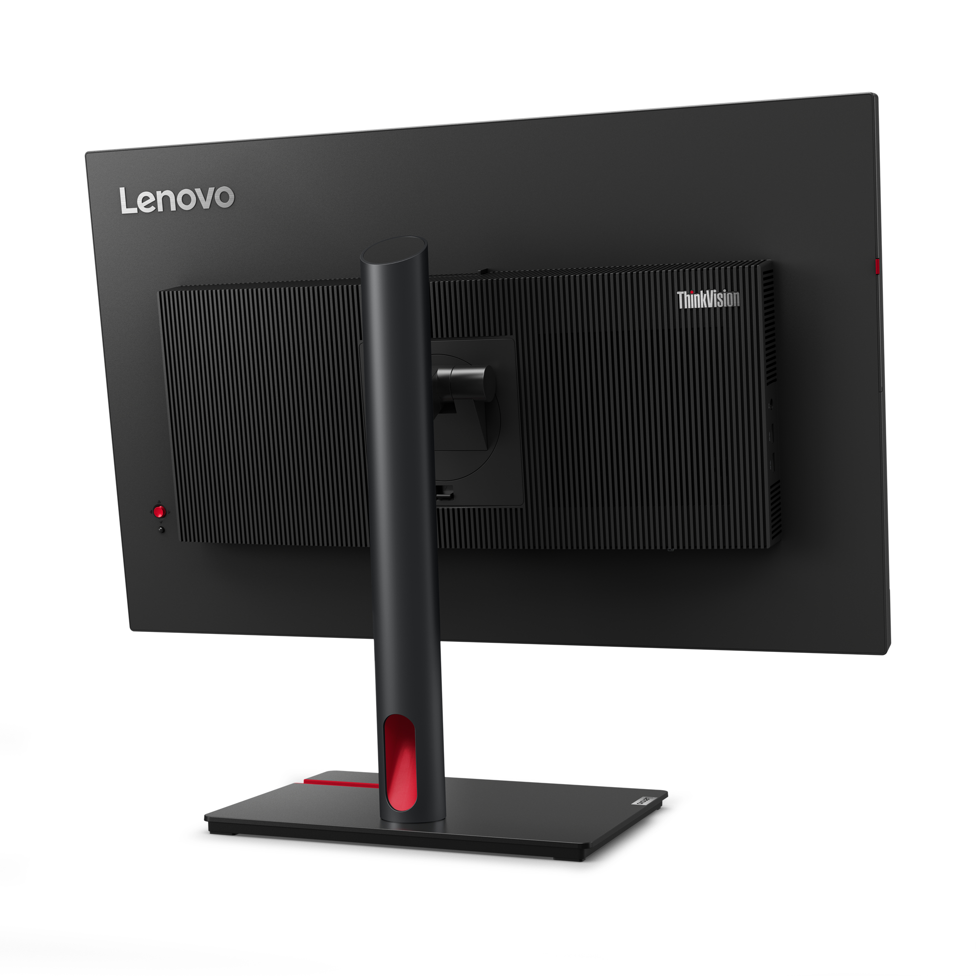 Tył monitora Lenovo. Czarny z podstawą, portami i logo Lenovo.