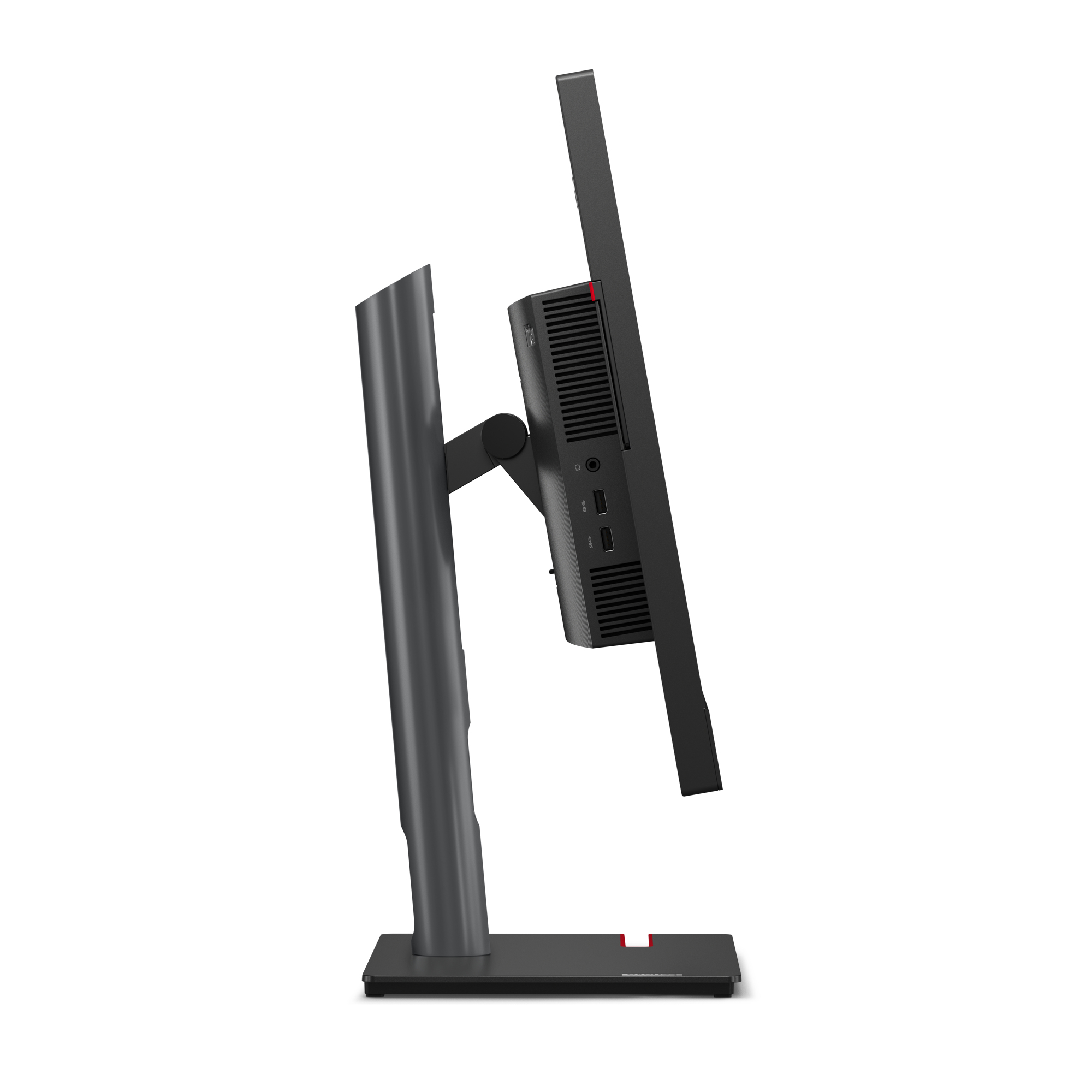 Widok z boku czarnego monitora. Jest zamontowany na ciemnoszarej podstawie.