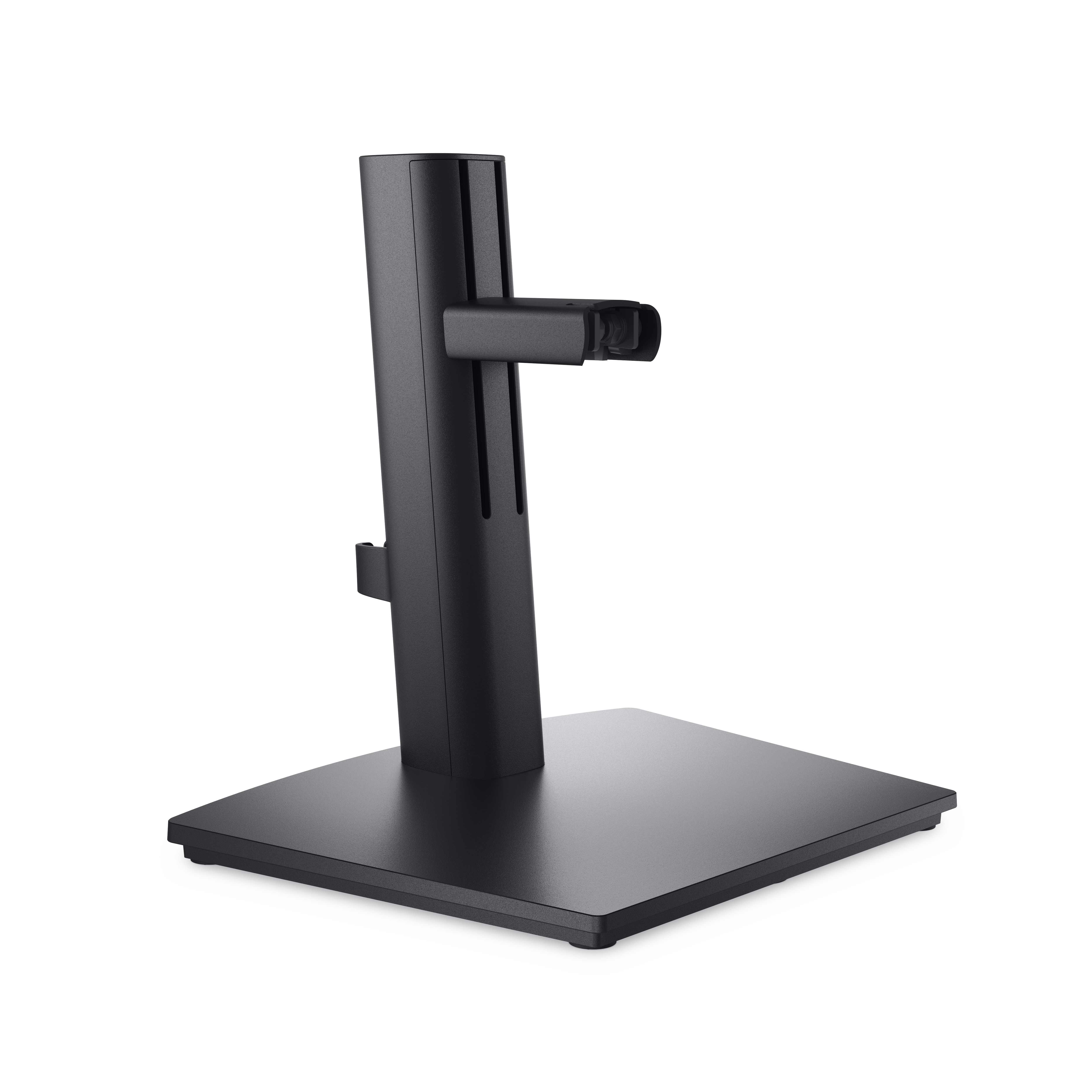 Un soporte de monitor negro sobre un fondo blanco.