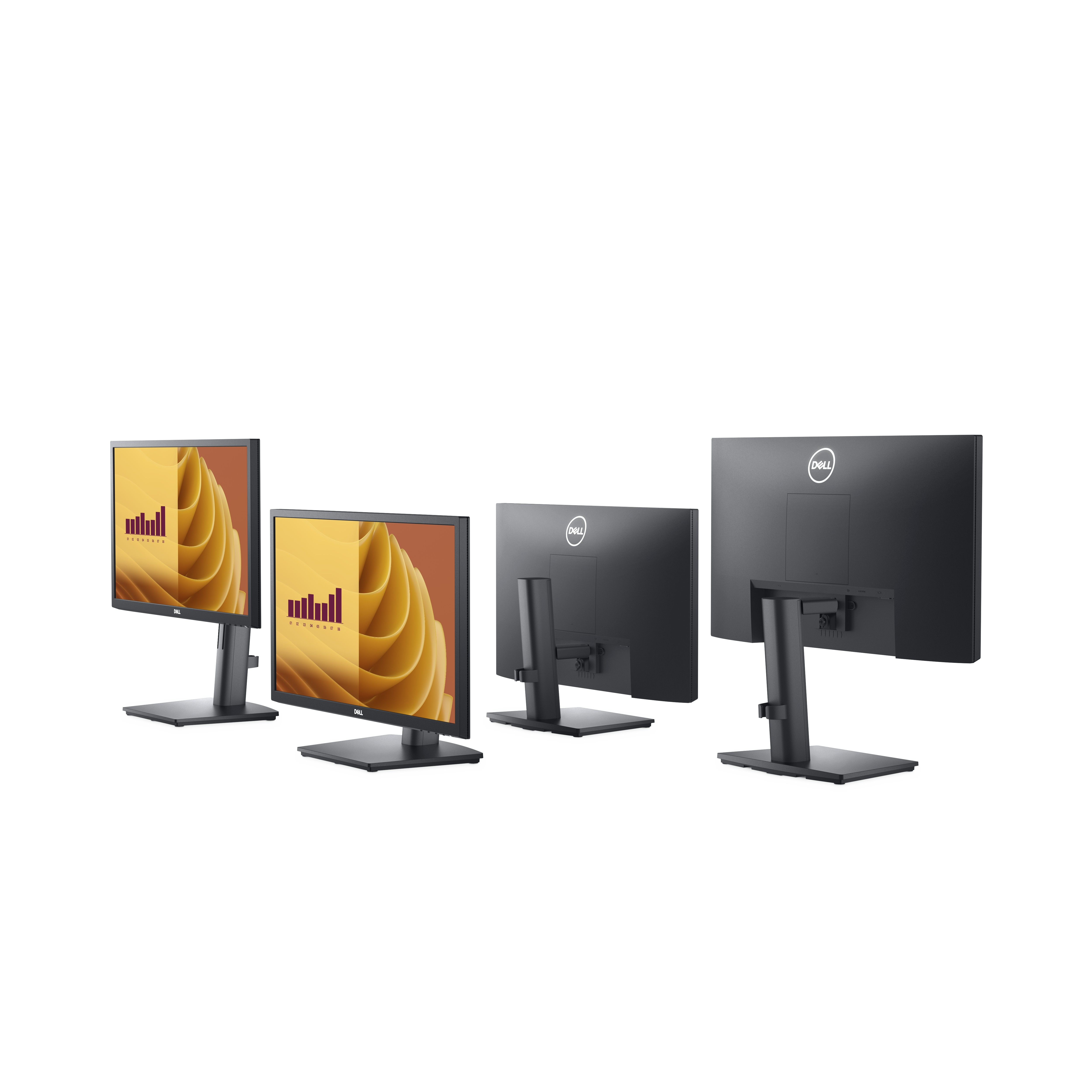 Cuatro monitores Dell. Dos frontales, uno trasero y uno lateral. Todos negros.