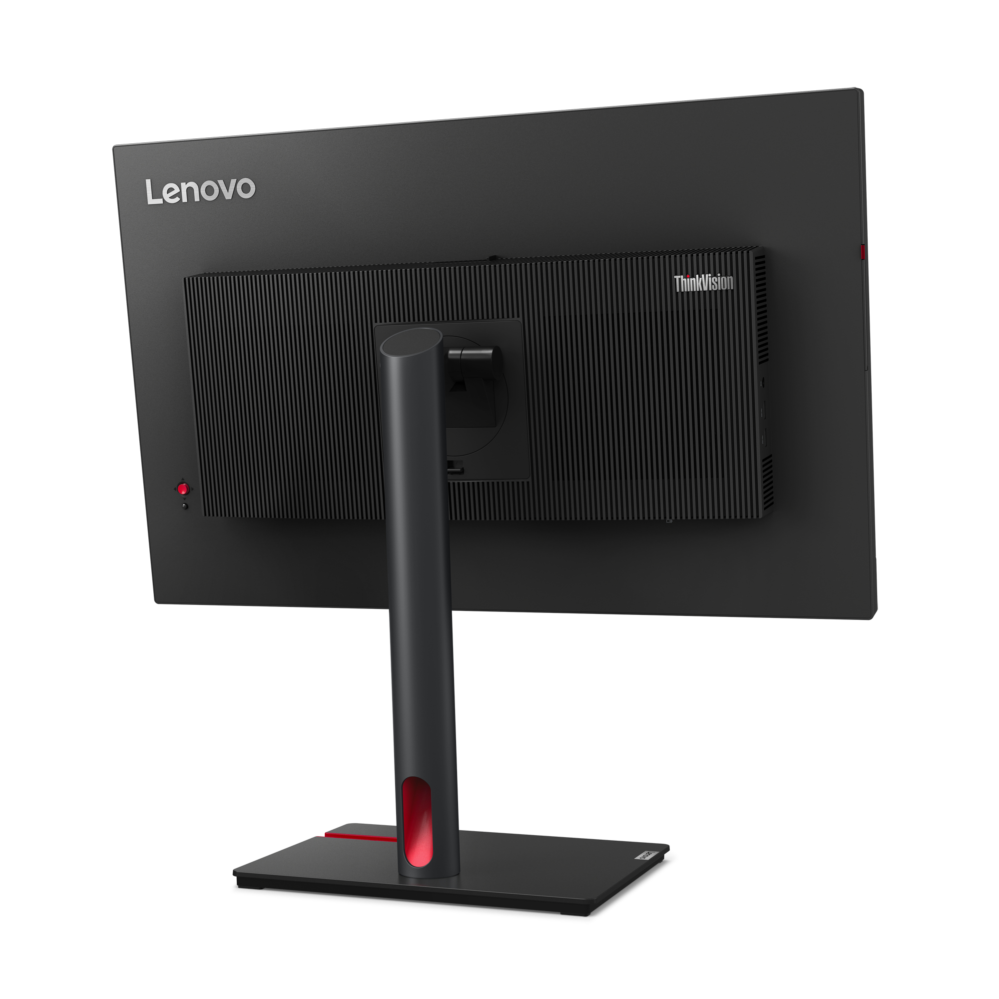 Tył monitora Lenovo z logo ThinkVision, pokazujący porty i czerwony akcent.