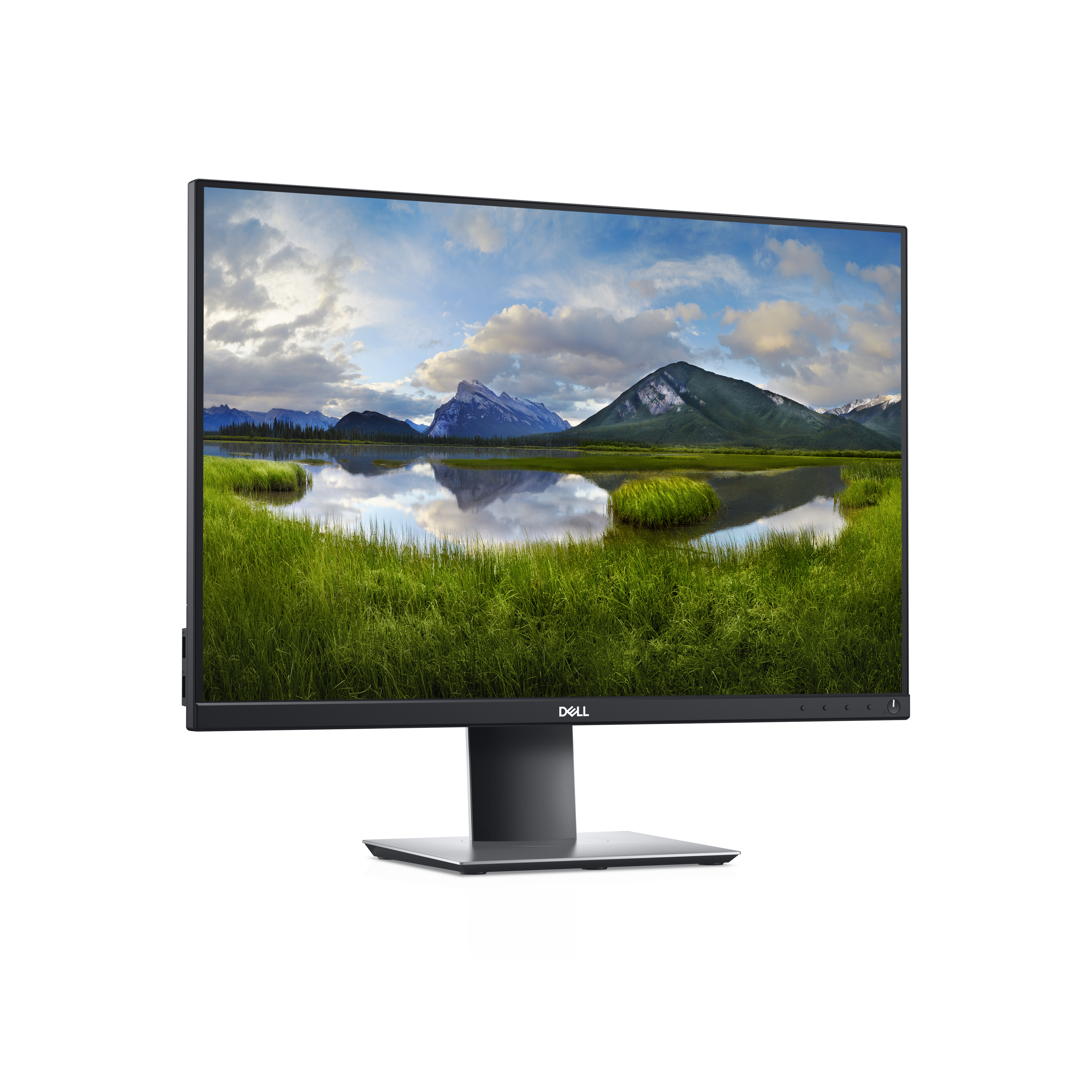 Dell-Monitor, der eine Landschaftsszene mit Bergen, Wasser und grünen Feldern zeigt.