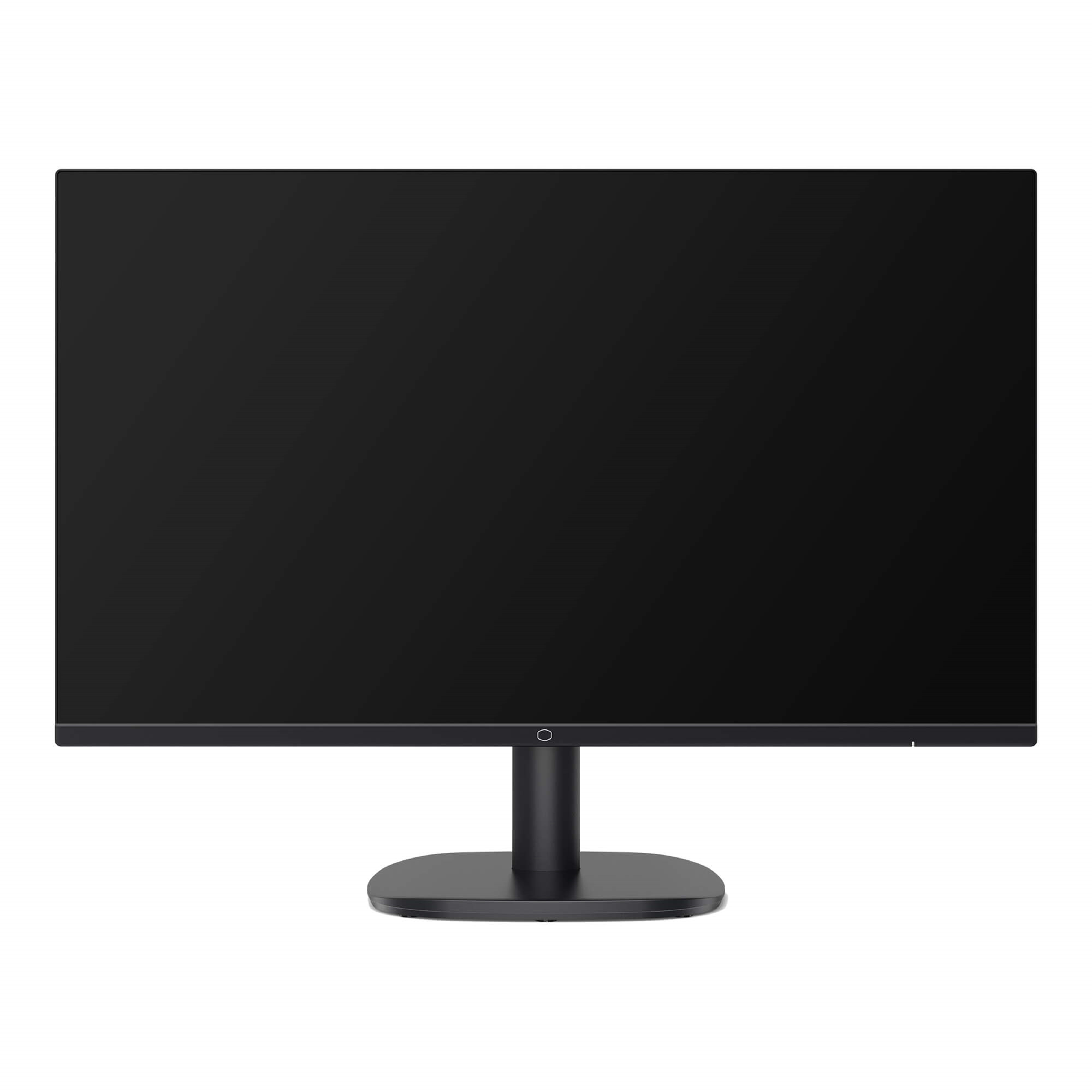 Un monitor negro con un soporte negro, mostrando una pantalla completamente negra.