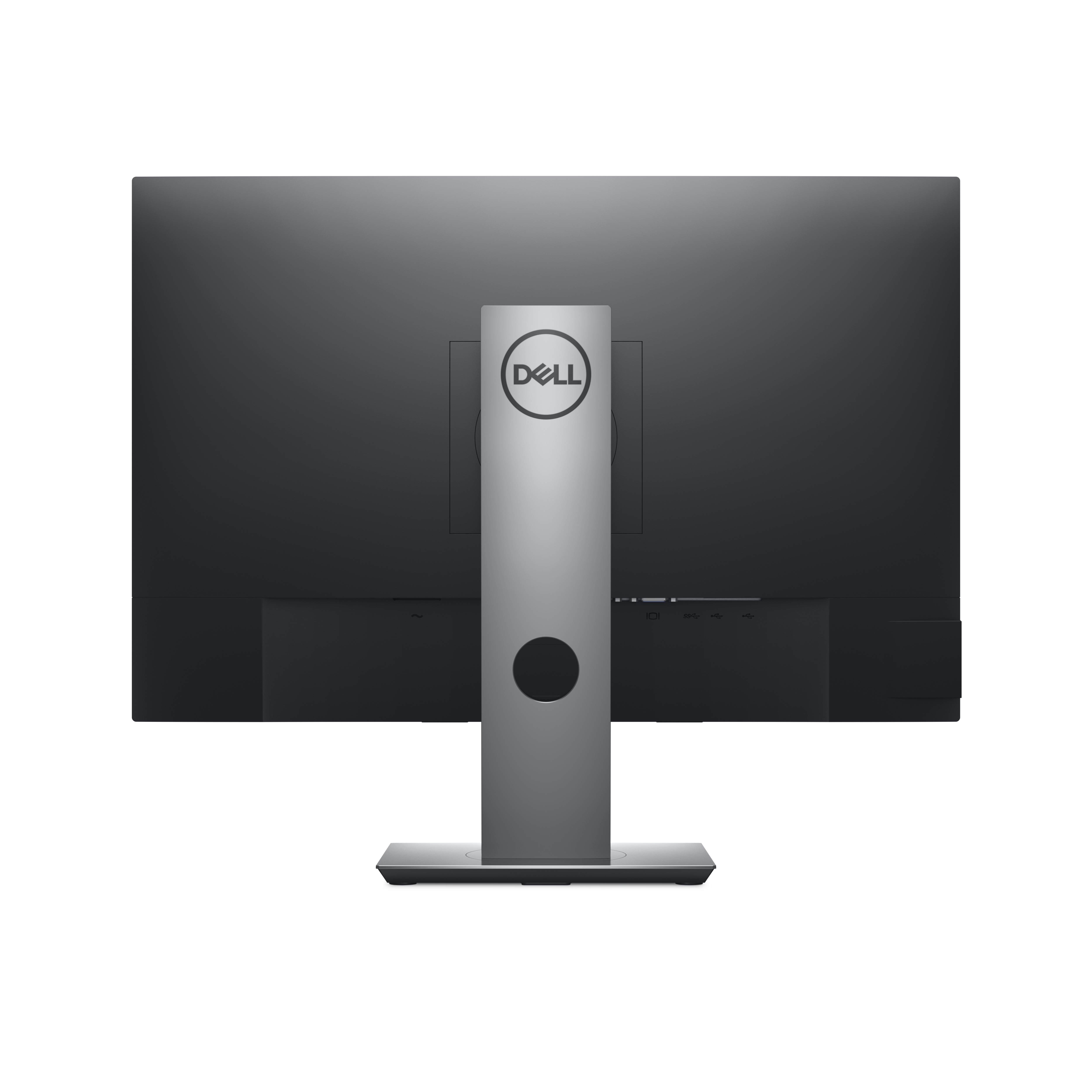 Rückseite eines Dell-Monitors. Mit Dell-Logo auf einem metallischen Ständer und Anschlüssen hinten.