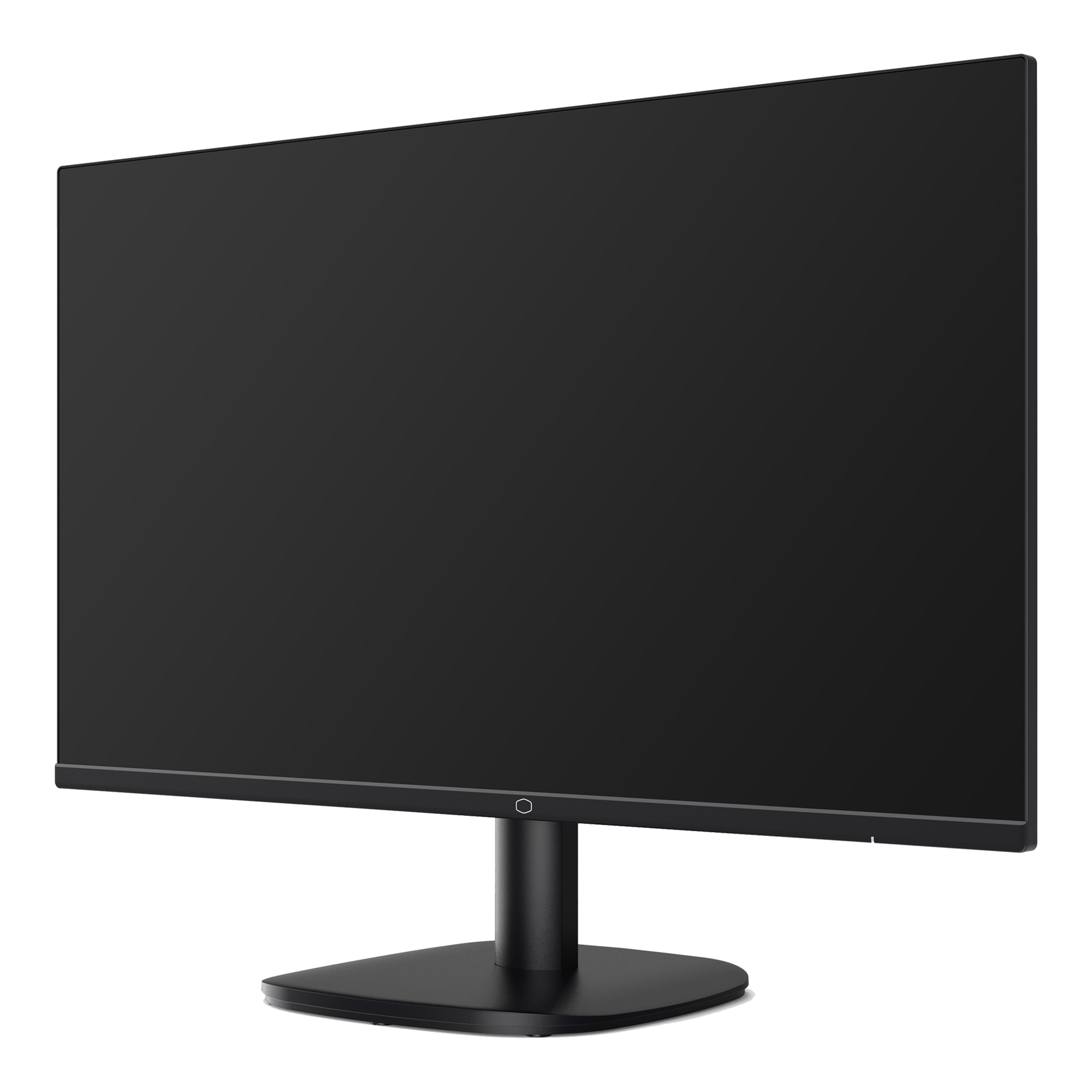 Un monitor negro, en ángulo, sobre una base negra. La pantalla es negra. El fondo es blanco.