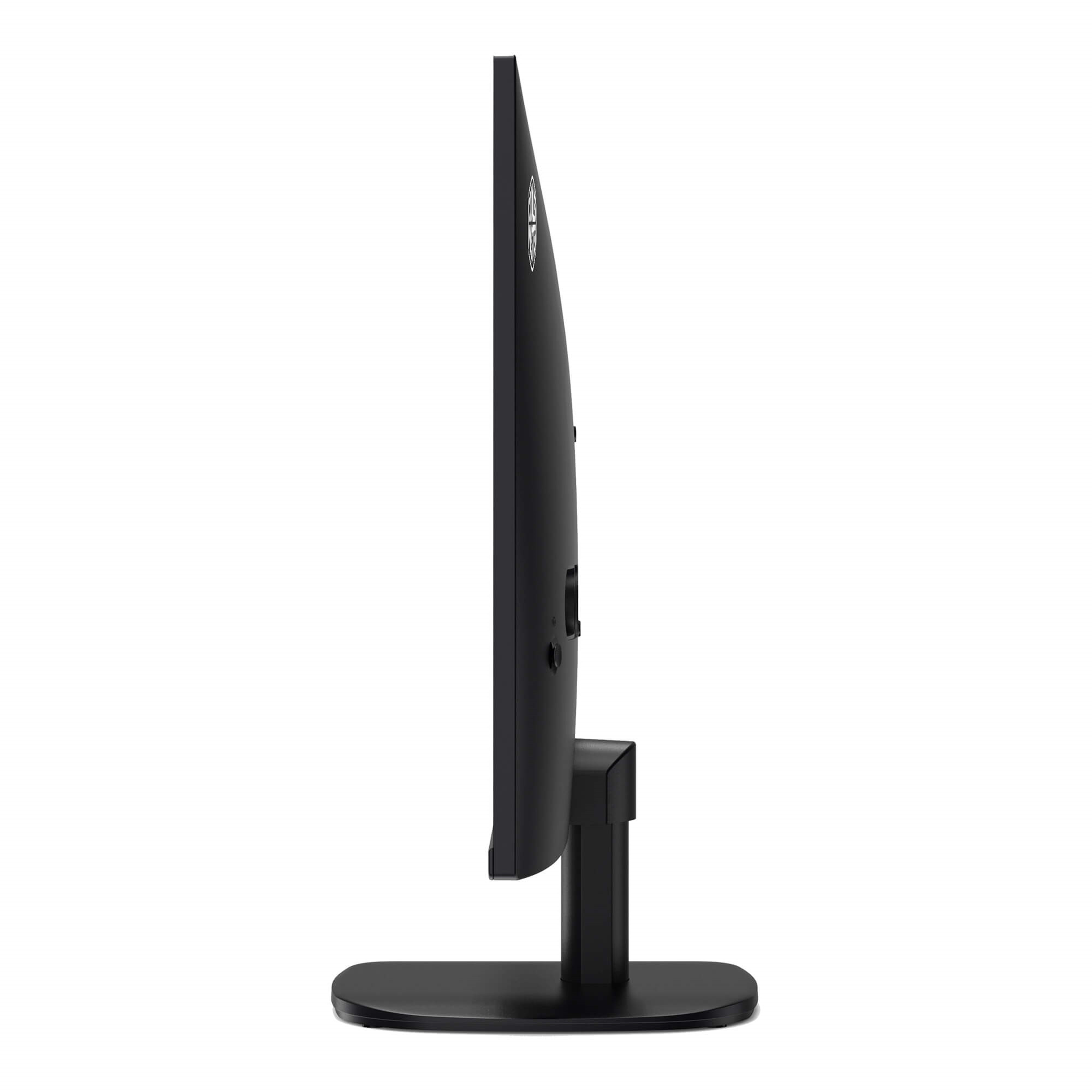 Un perfil lateral de un monitor negro sobre un fondo blanco.