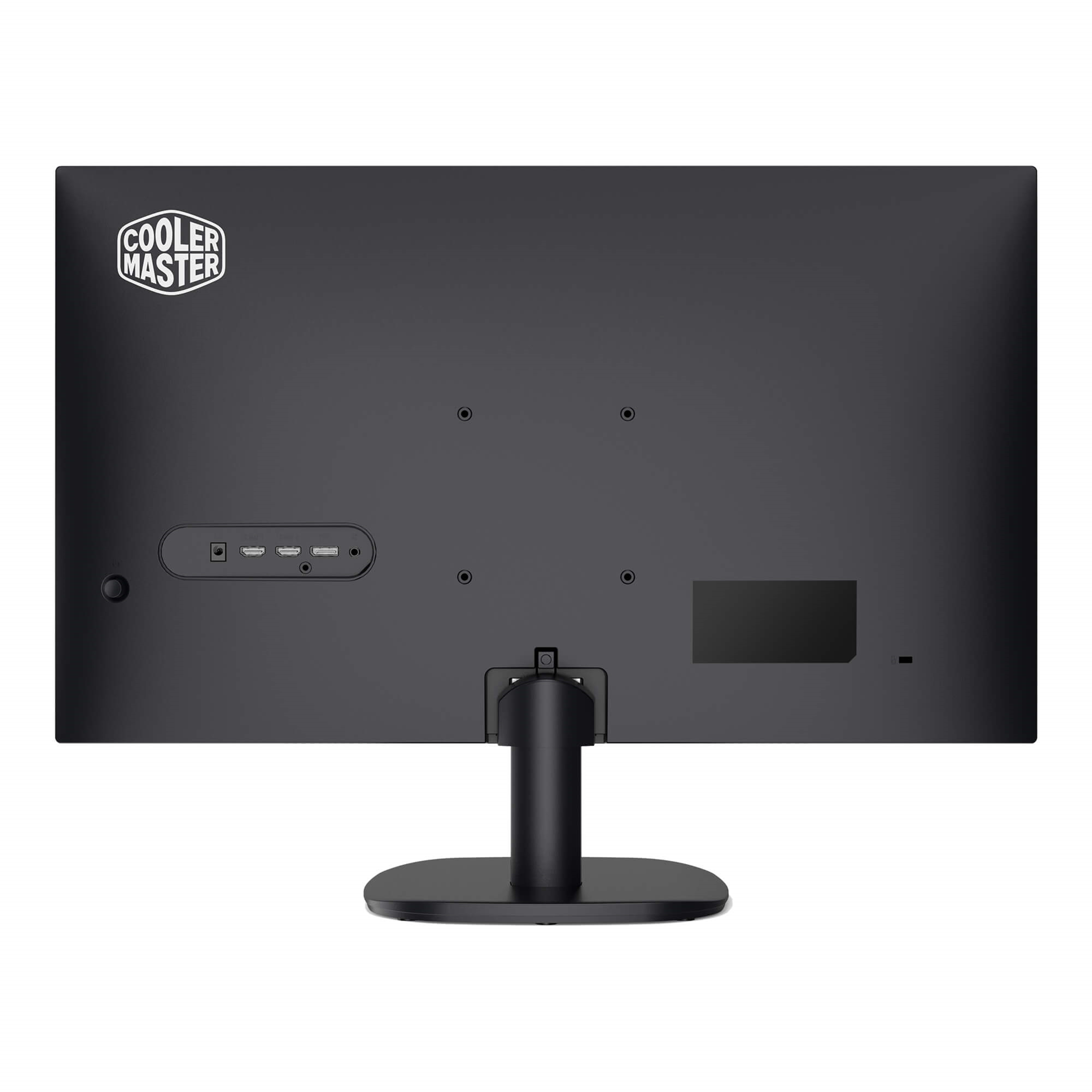 Vista trasera de un monitor Cooler Master negro. La parte trasera tiene diferentes puertos.