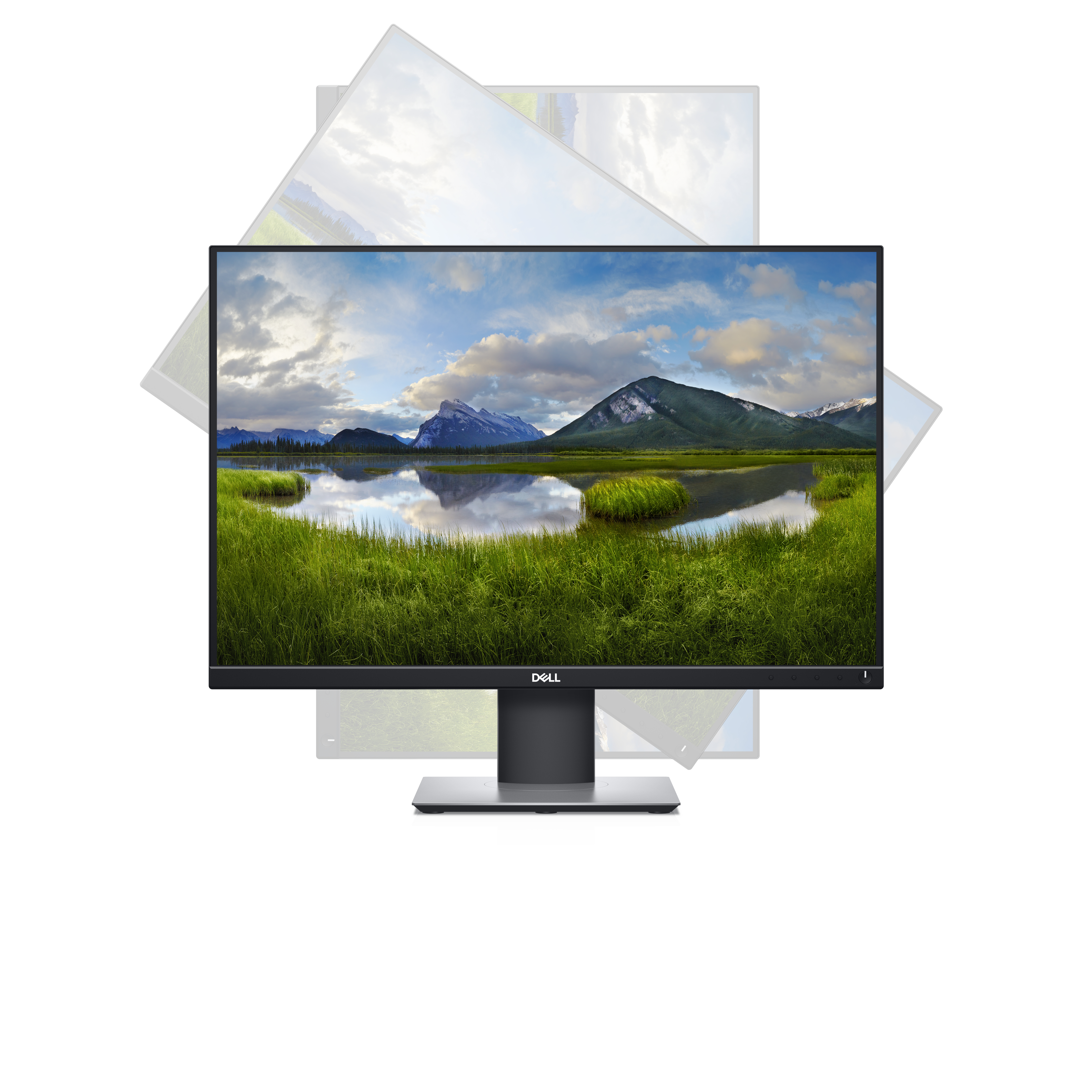 Computermonitor, der eine Landschaftsszene mit Bergen und Wasser zeigt.