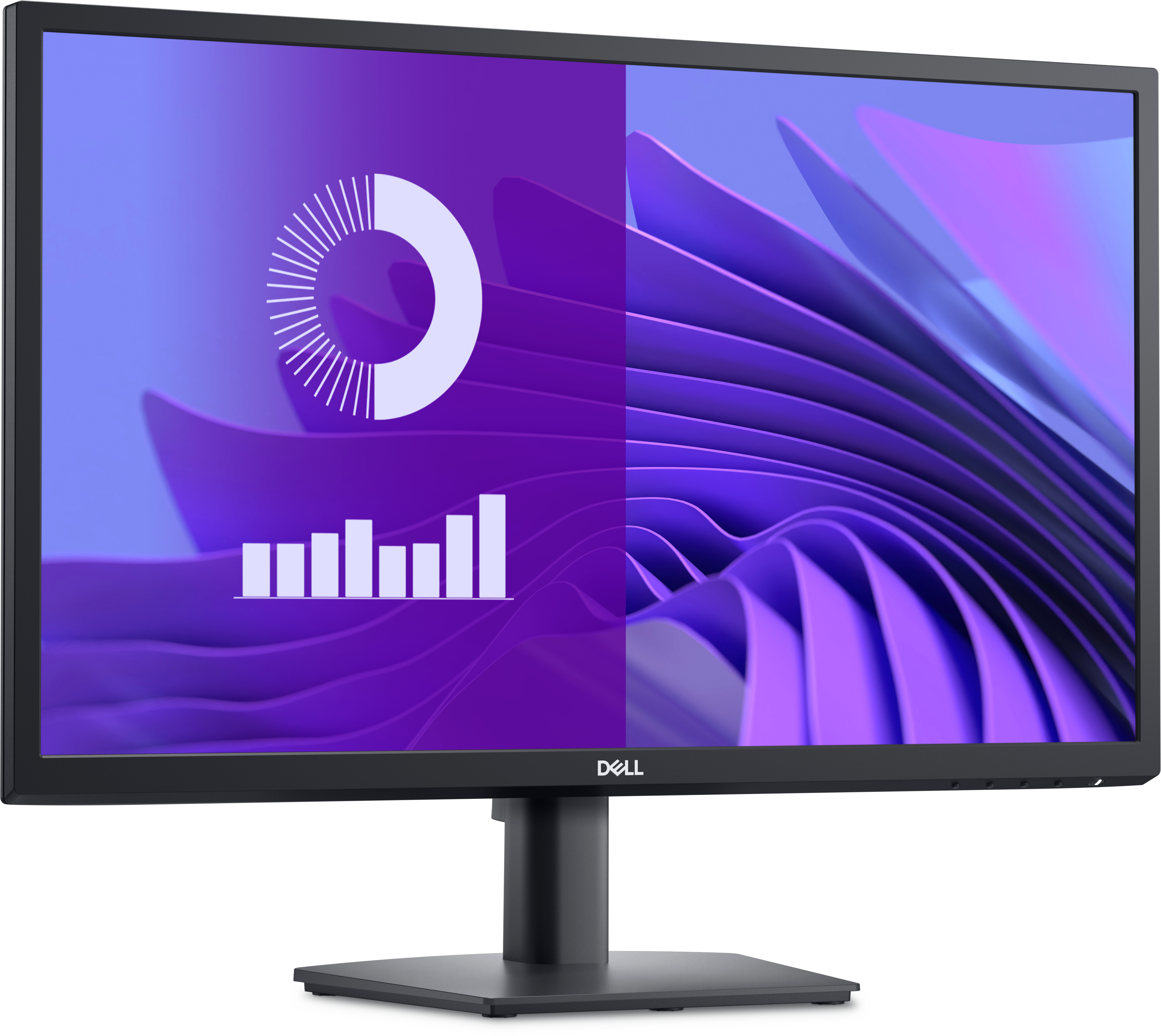 Monitor Dell, che mostra una grafica astratta viola e blu.