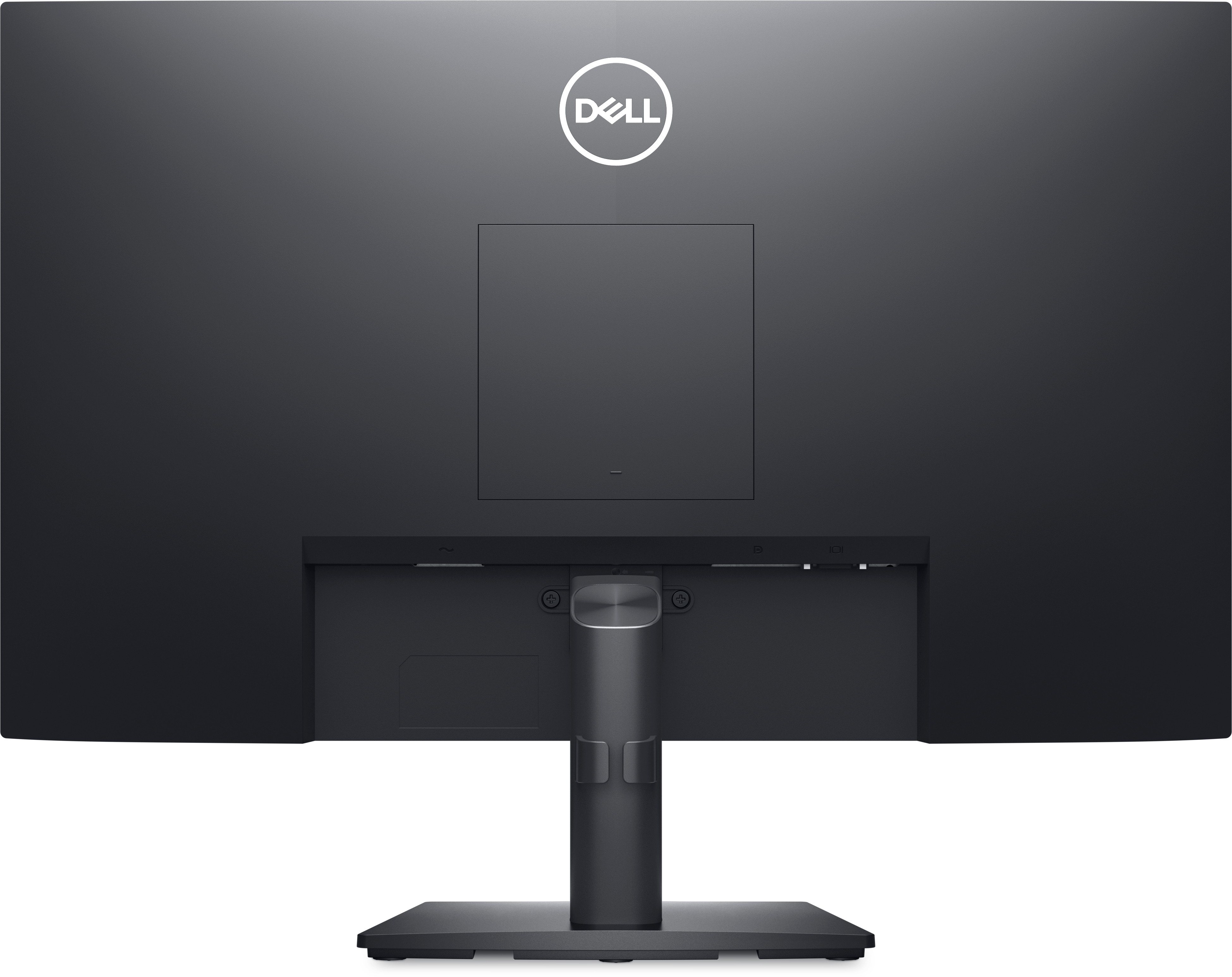 Retro di un monitor nero con il logo Dell. Supporto e base neri.