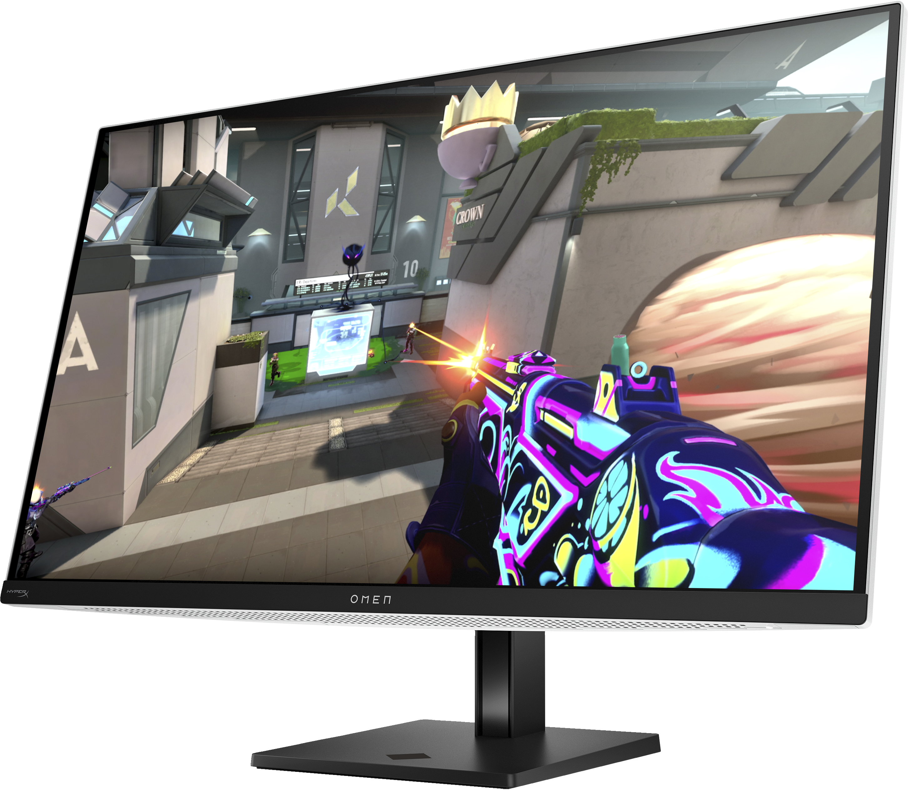 Monitor wyświetla scenę z gry FPS. Monitor ma czarną podstawę.