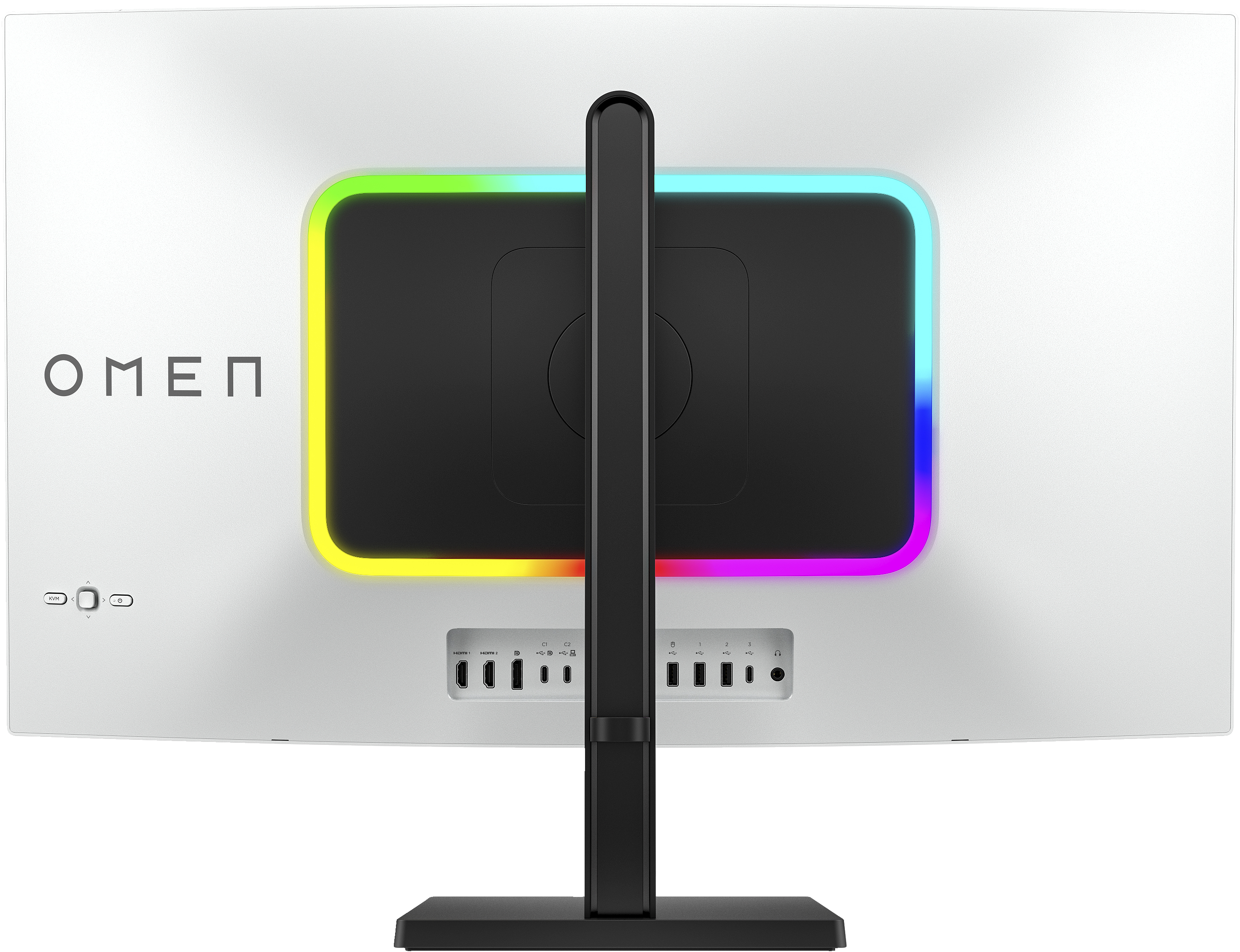 Tył białego monitora OMEN z kolorowymi światłami i portami, na czarnym stojaku.