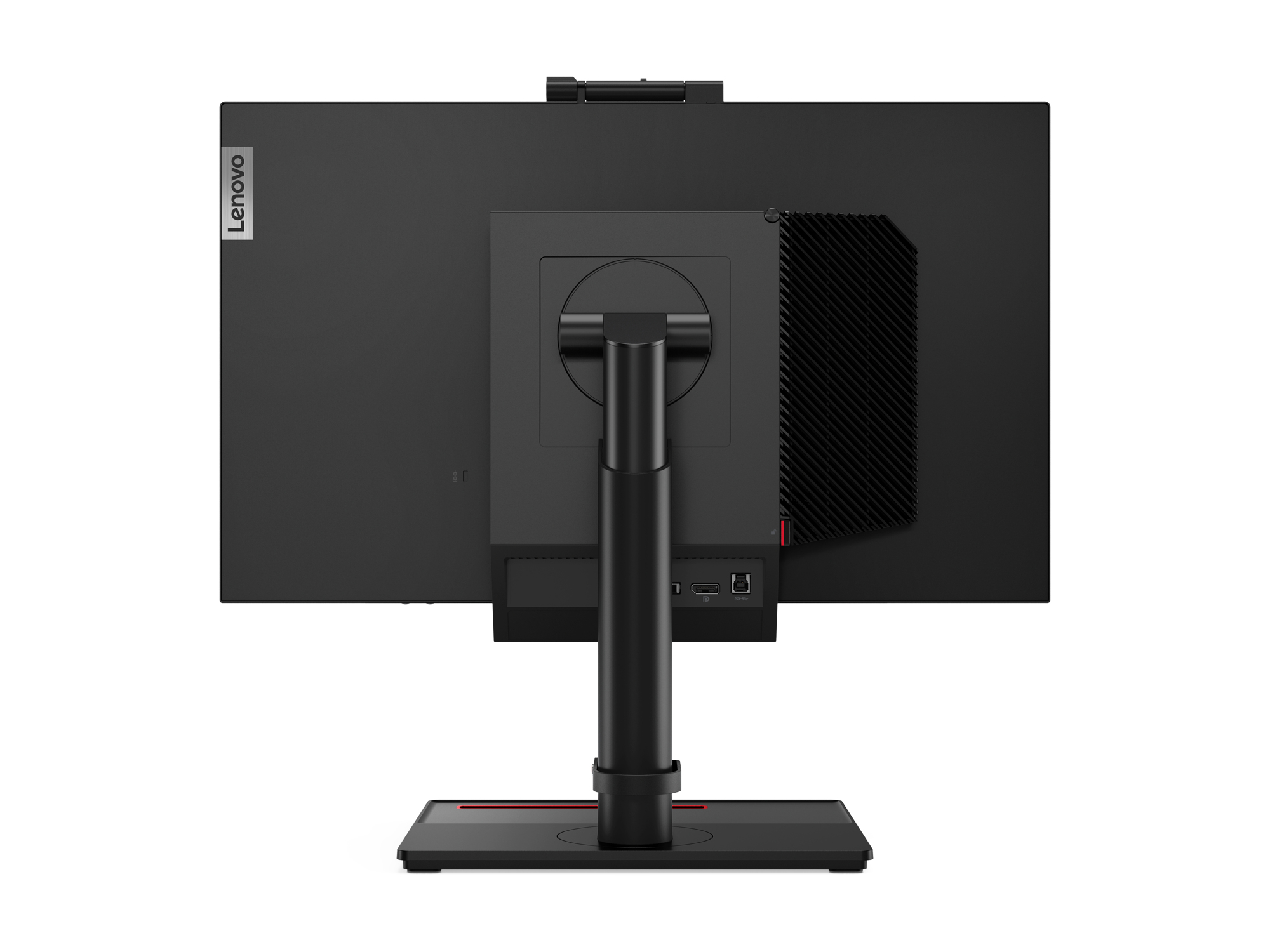 Rückseite eines Lenovo-Monitors mit ThinkVision-Logo, Anschlüssen und Ständer auf weißem Hintergrund.