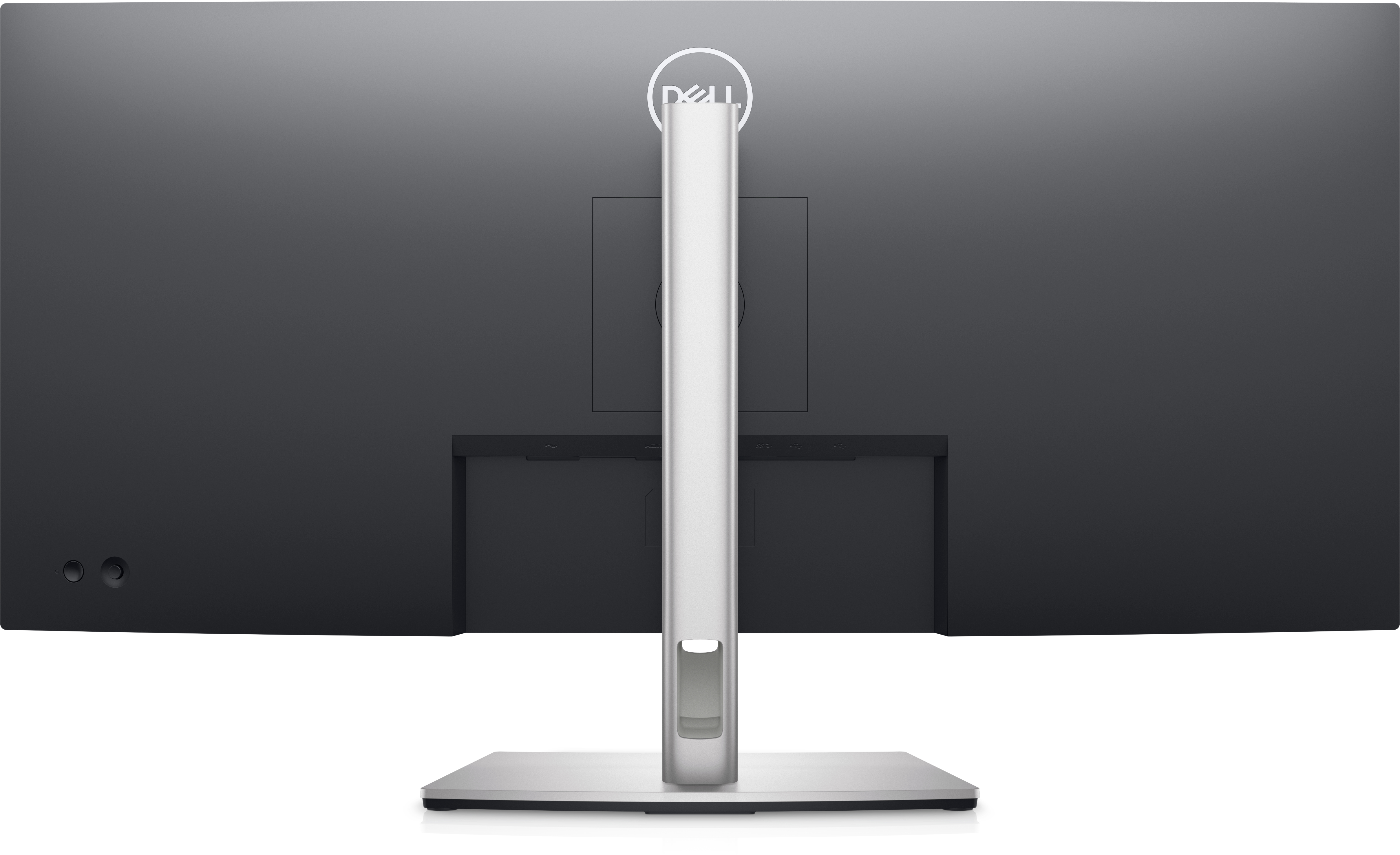 Tył monitora Dell ze srebrną podstawą i logo Dell u góry.