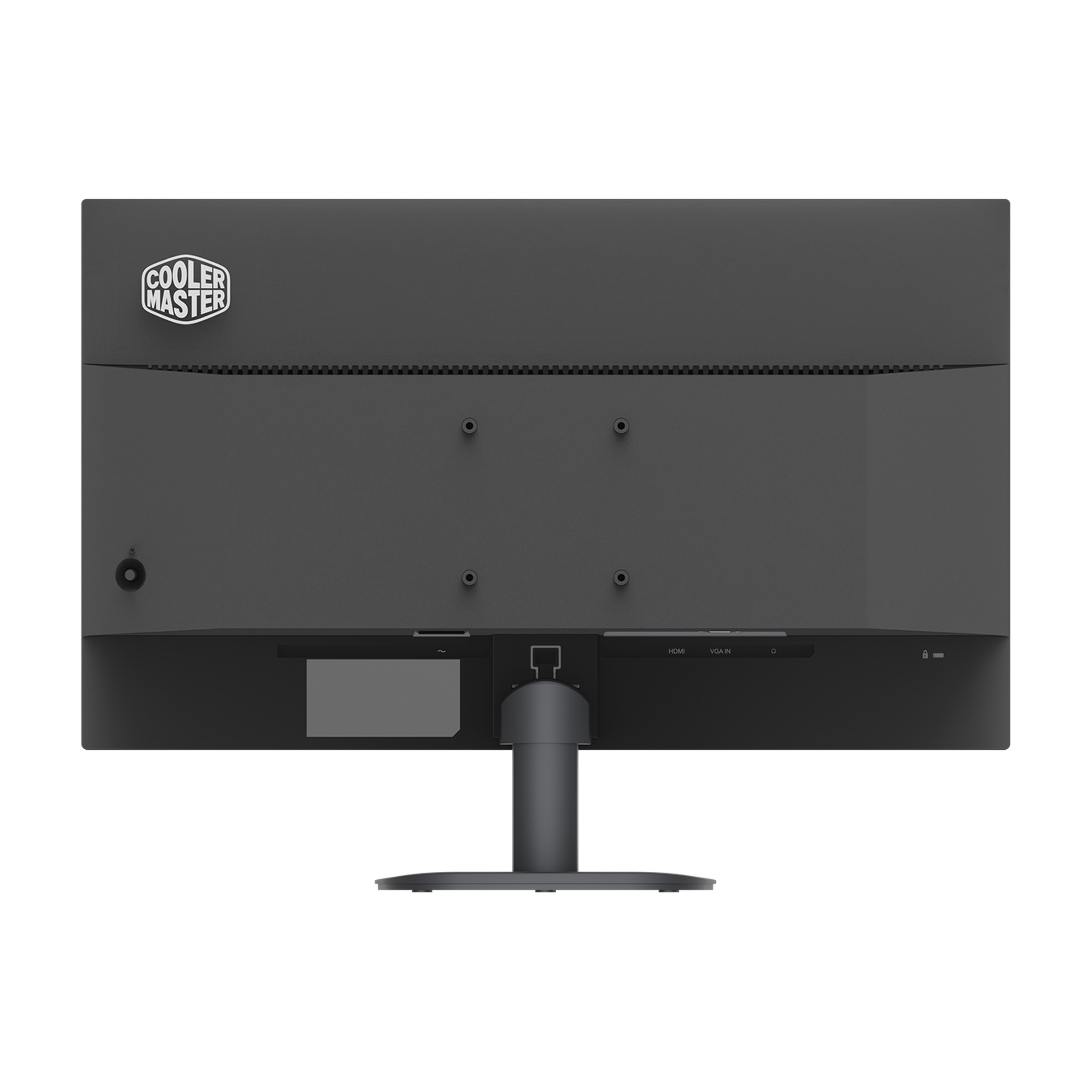Il retro di un monitor Cooler Master che mostra le porte e il logo dell'azienda.