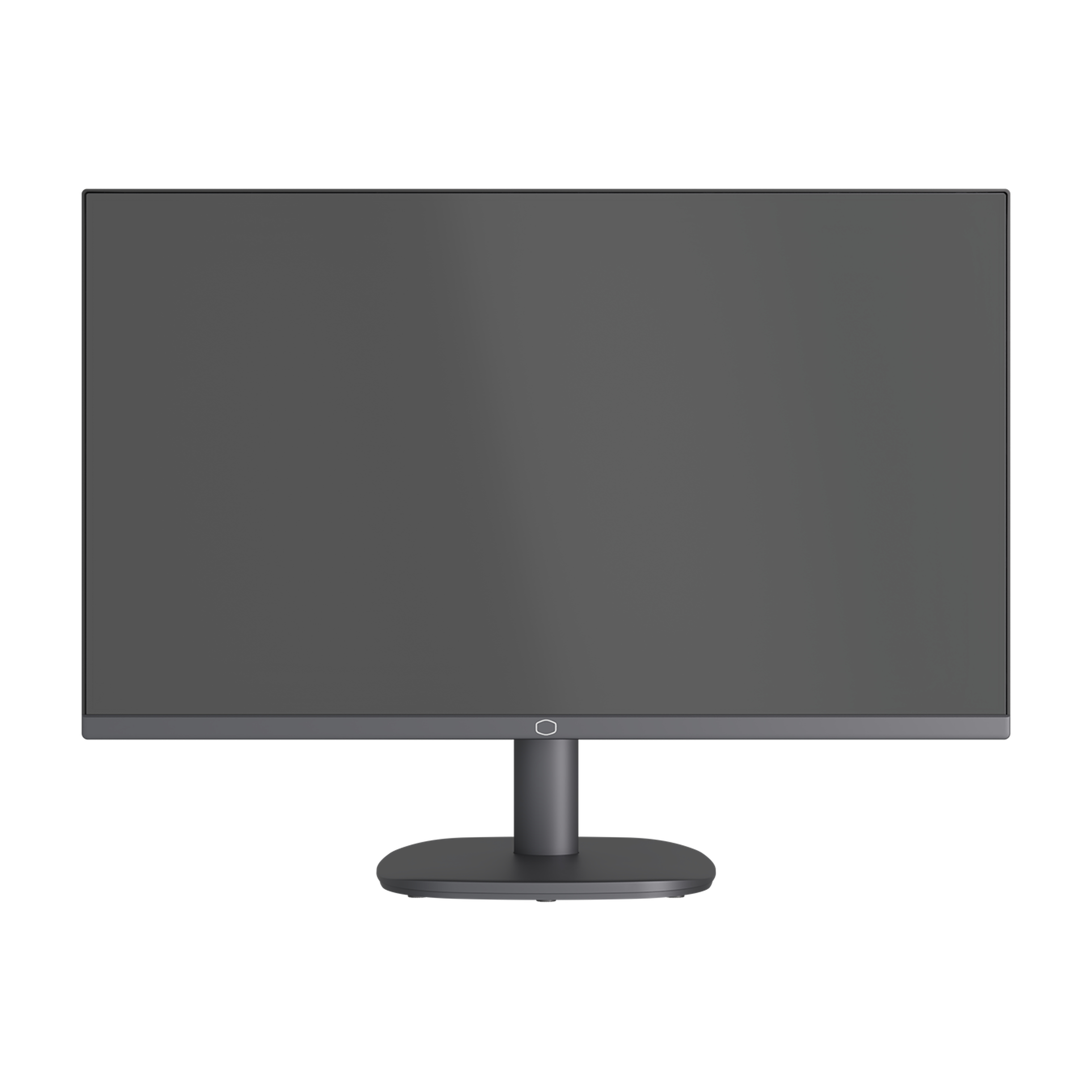 Vista frontale di un monitor per computer nero su sfondo bianco.