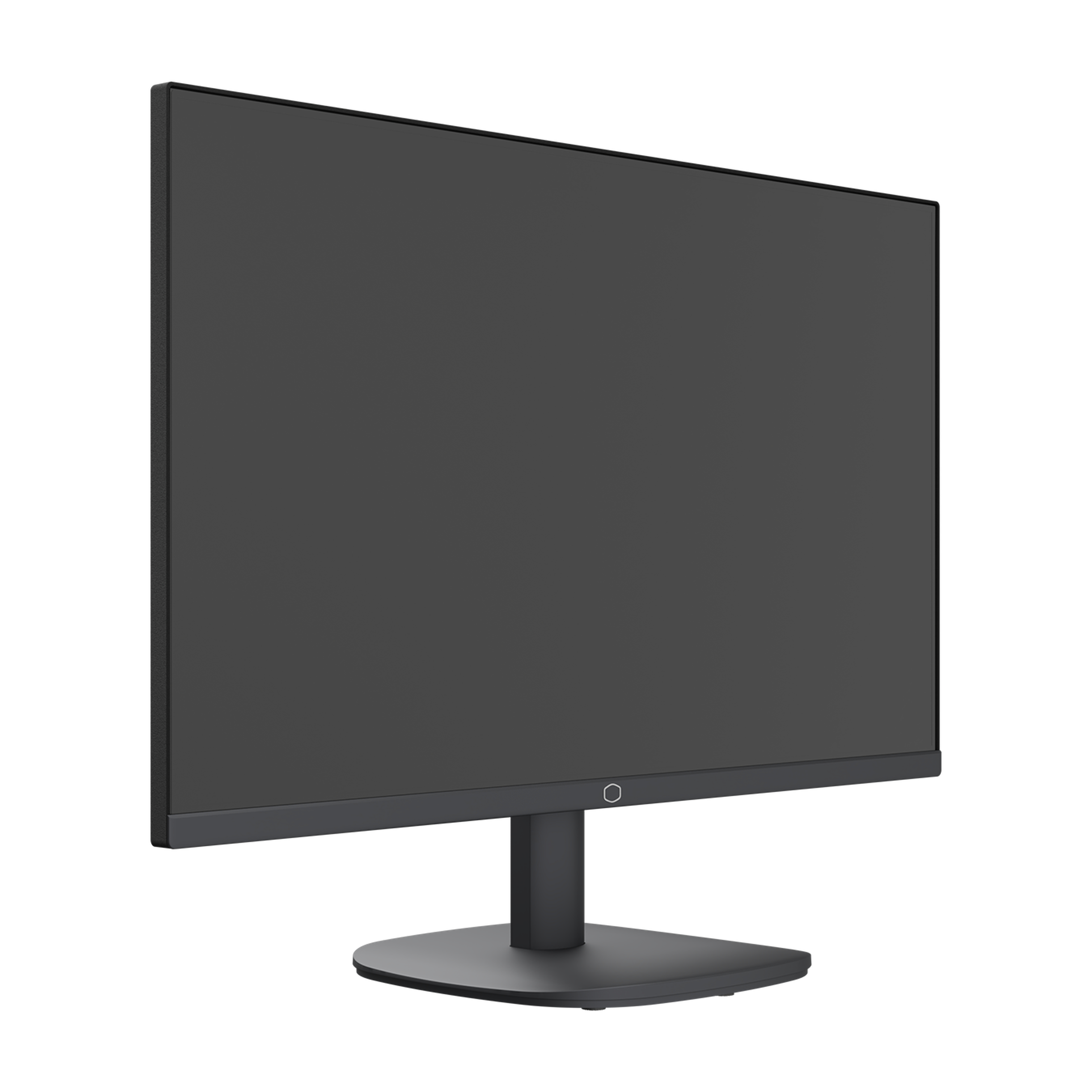 Un monitor nero su base nera, angolato, su sfondo bianco. Lo schermo è nero.