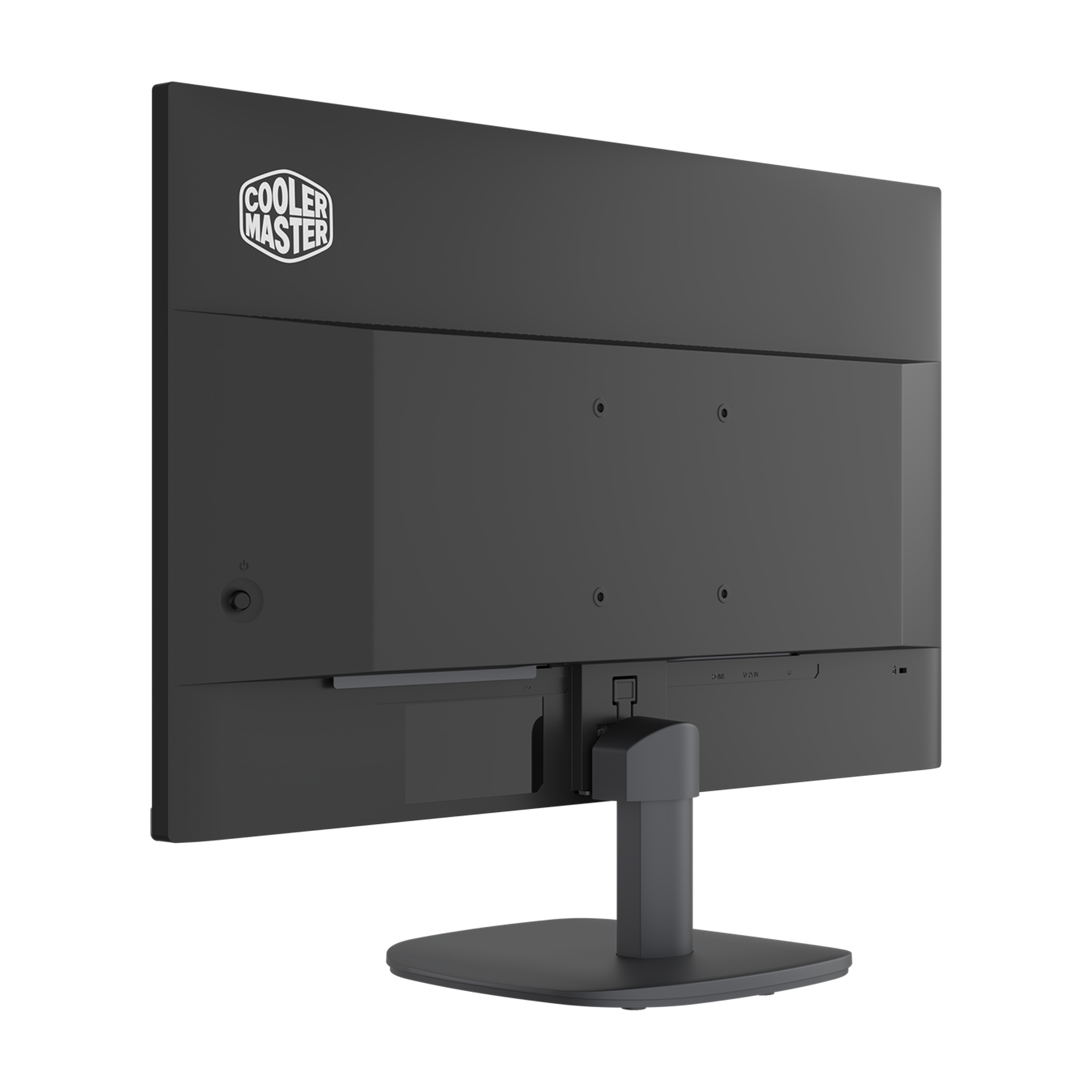 Retro di un monitor nero. Logo Coolermaster in alto. Porte e supporto visibili.