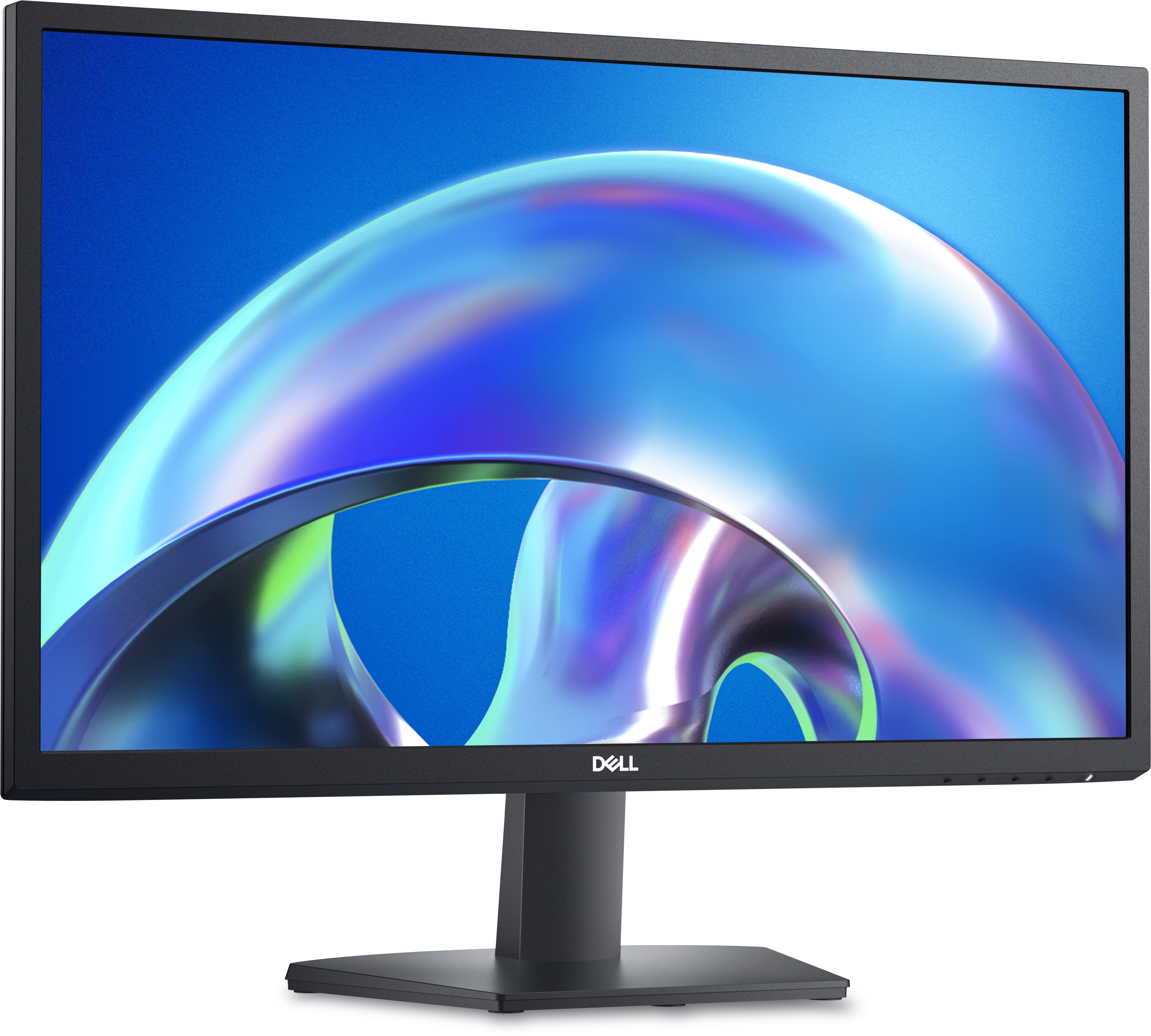 Un monitor Dell con cornice nera. Lo schermo mostra un design astratto blu con elementi azzurri e bianchi.