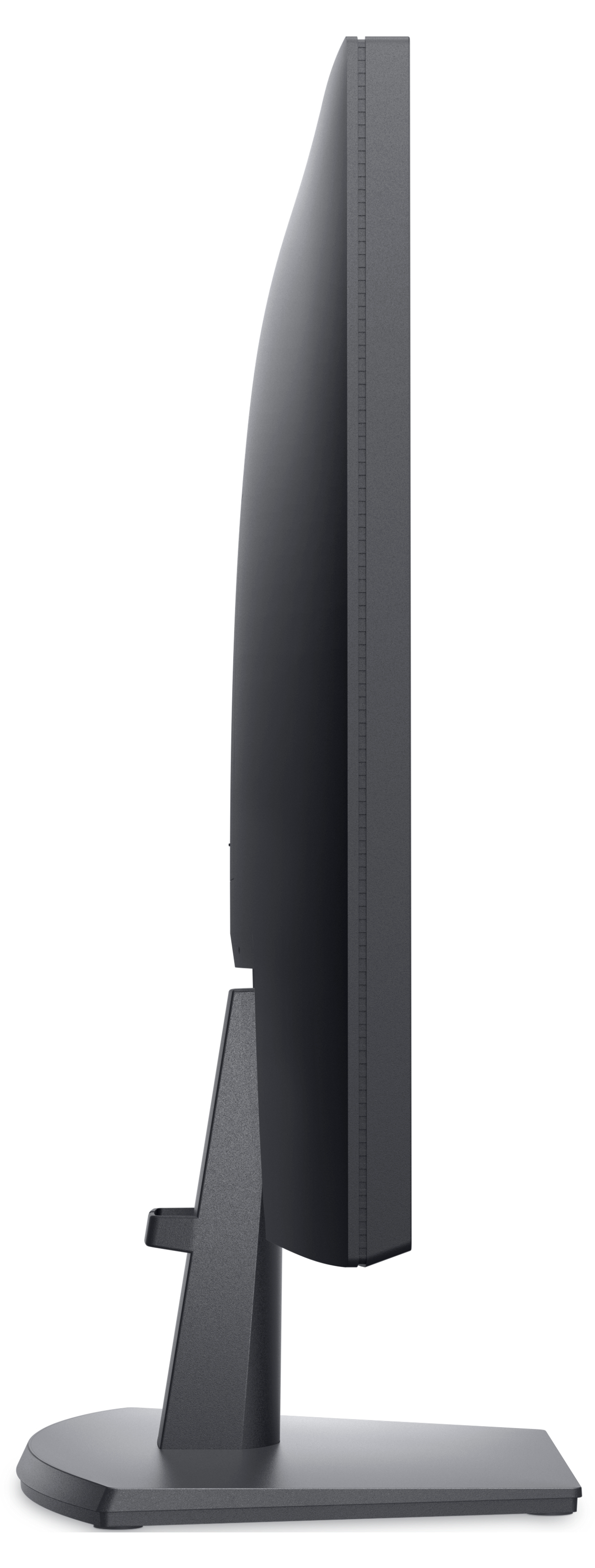 Vista laterale di un monitor. Mostra un design sottile, grigio scuro con supporto.