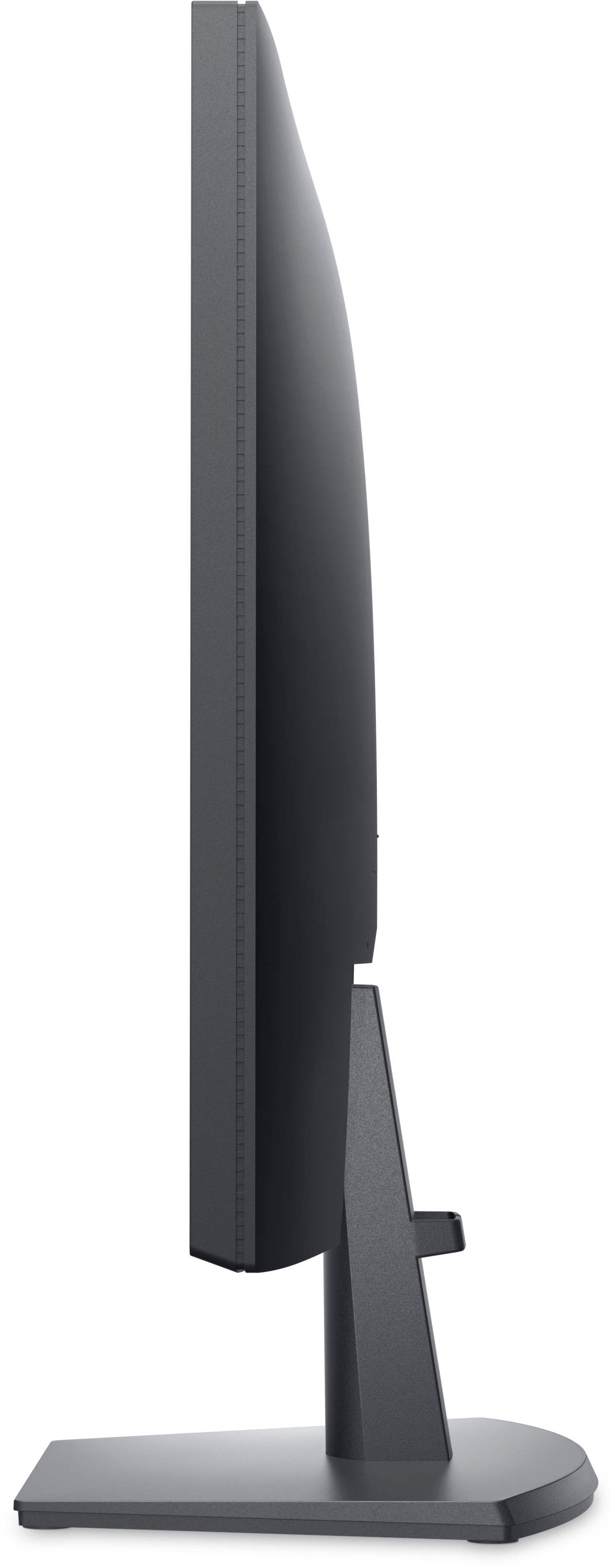 Vista laterale del monitor Dell, cornice nera, profilo sottile, con supporto grigio.