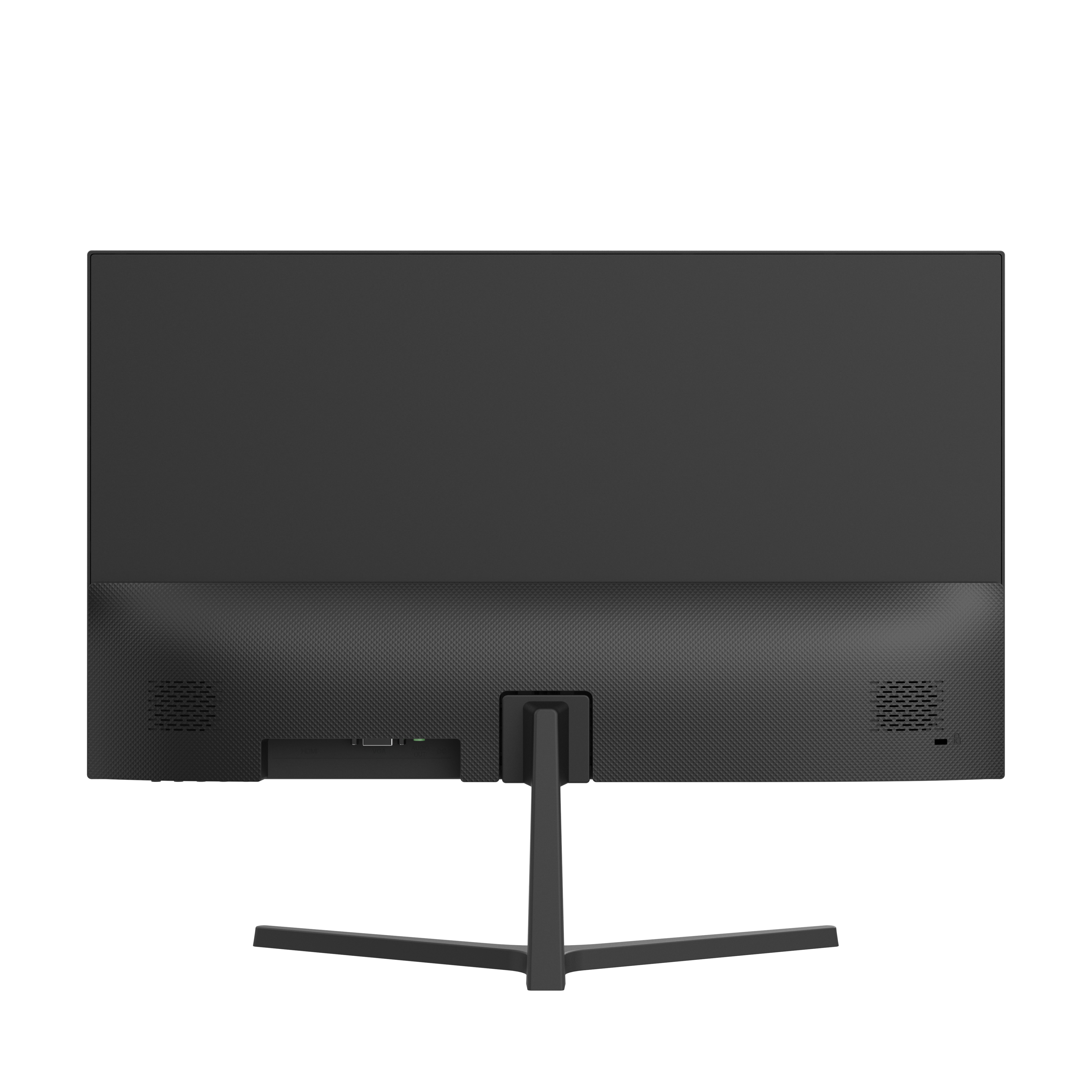 Rückseite eines schwarzen Computermonitors mit schwarzem Ständer.