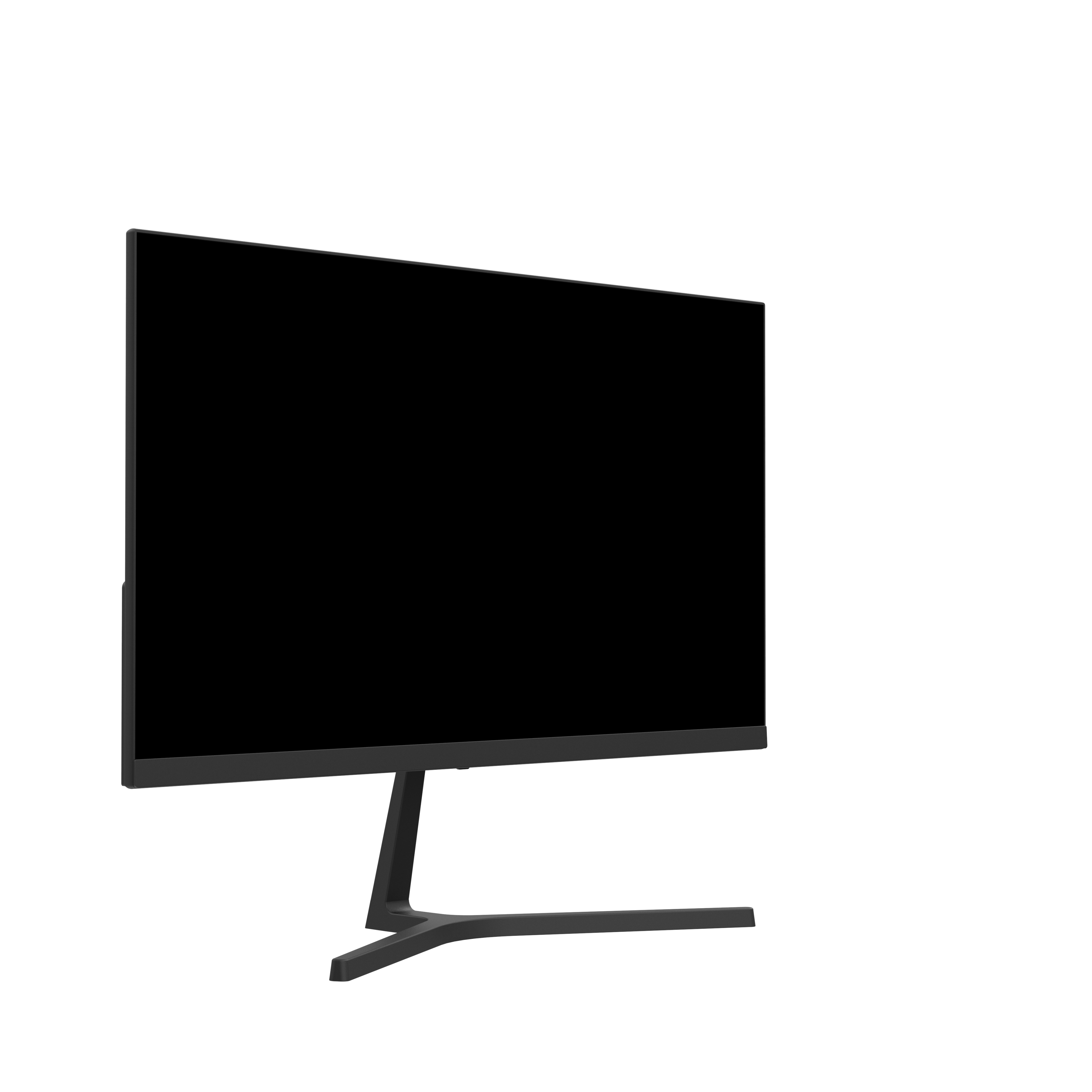 Ein Monitor mit schwarzem Bildschirm und Ständer, leicht angewinkelt, isoliert auf weißem Hintergrund.