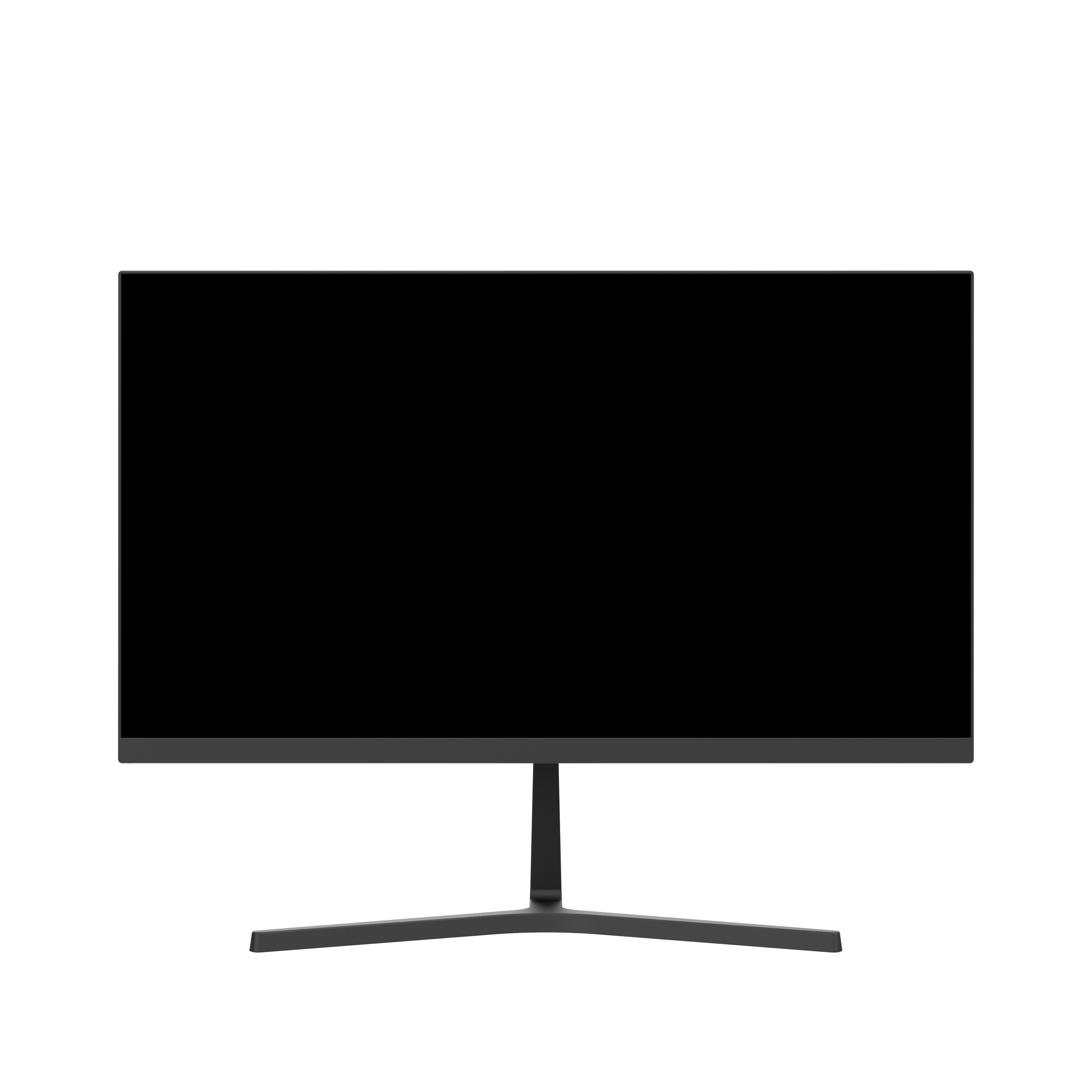Ein schwarzer Monitor mit schlankem Design und minimalistischem Ständer vor weißem Hintergrund.