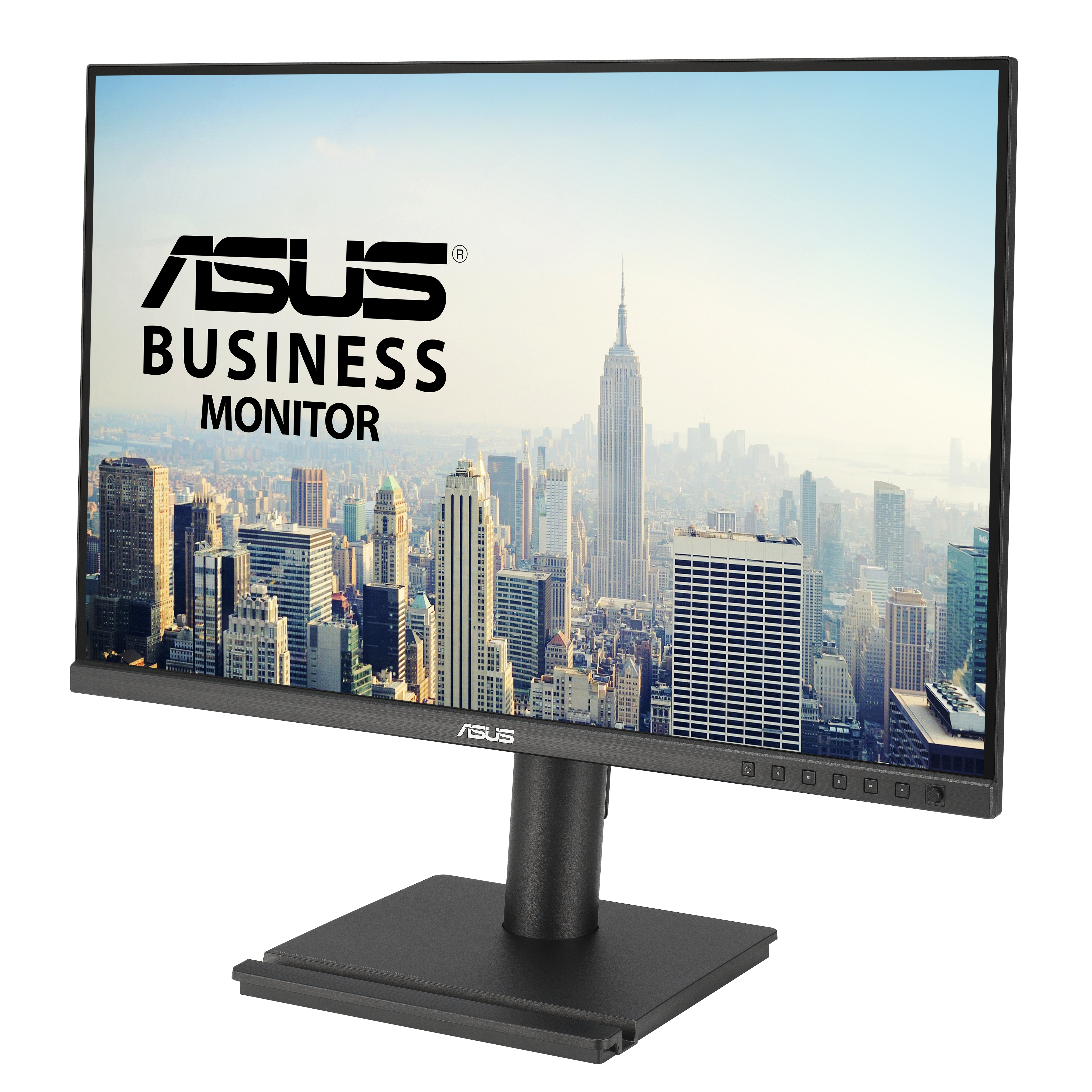Monitor ASUS Business wyświetlający panoramę miasta z wyraźnie widoczną marką.