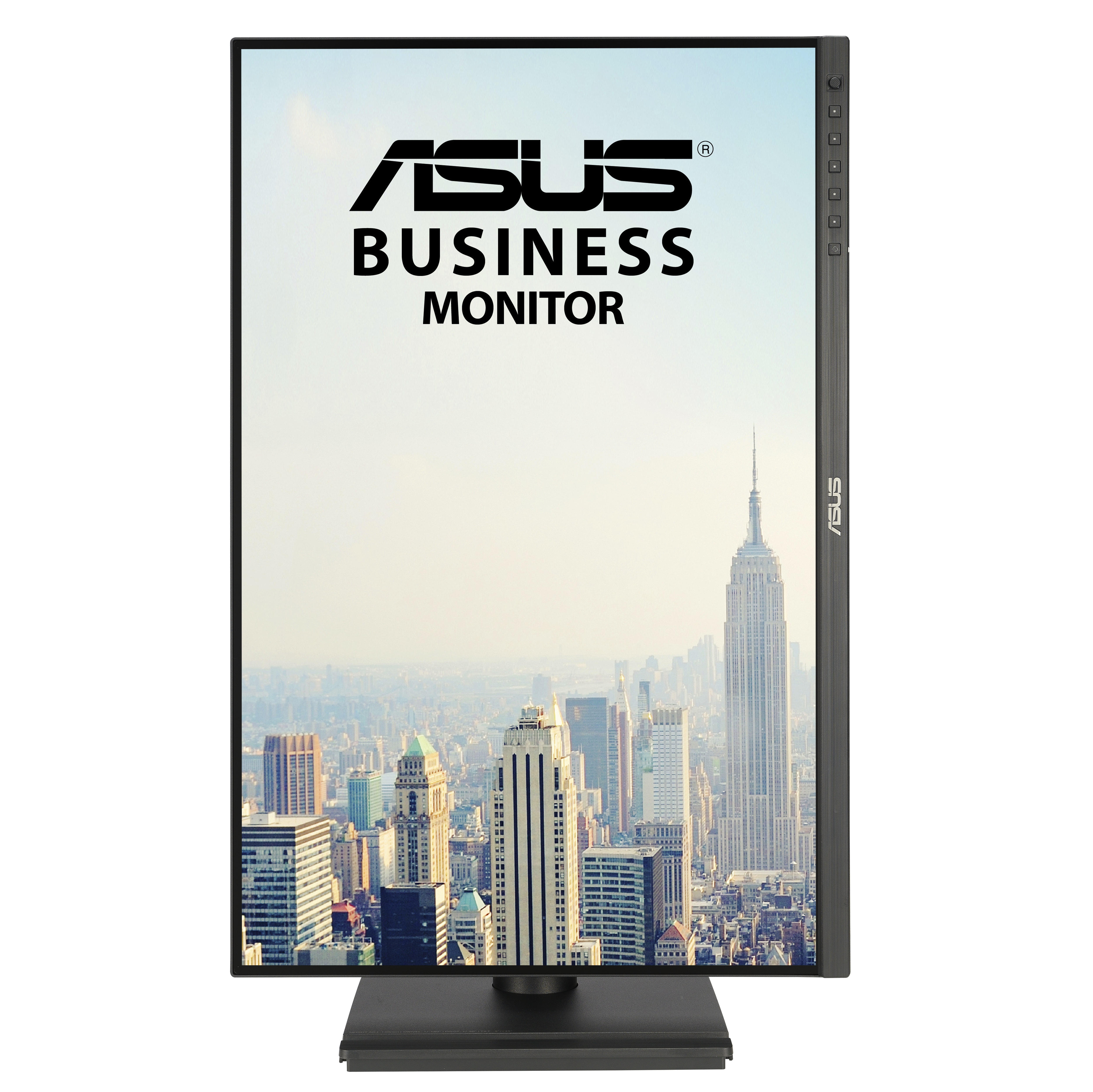 Monitor ASUS Business wyświetla krajobraz miejski z budynkami i jasnym niebem. Monitor stoi na czarnym stojaku.