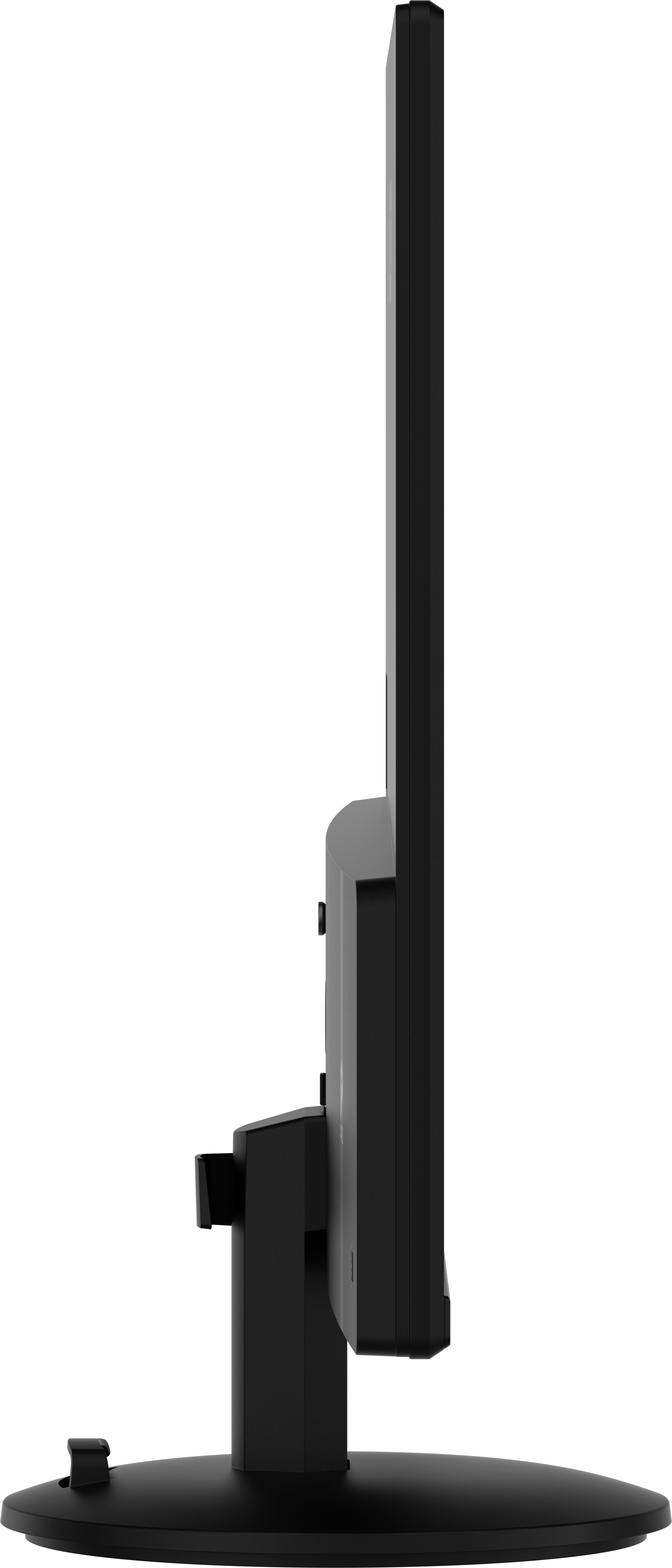 Widok z boku monitora. Czarna ramka, smukły profil. Czarna podstawa. Czysty design.