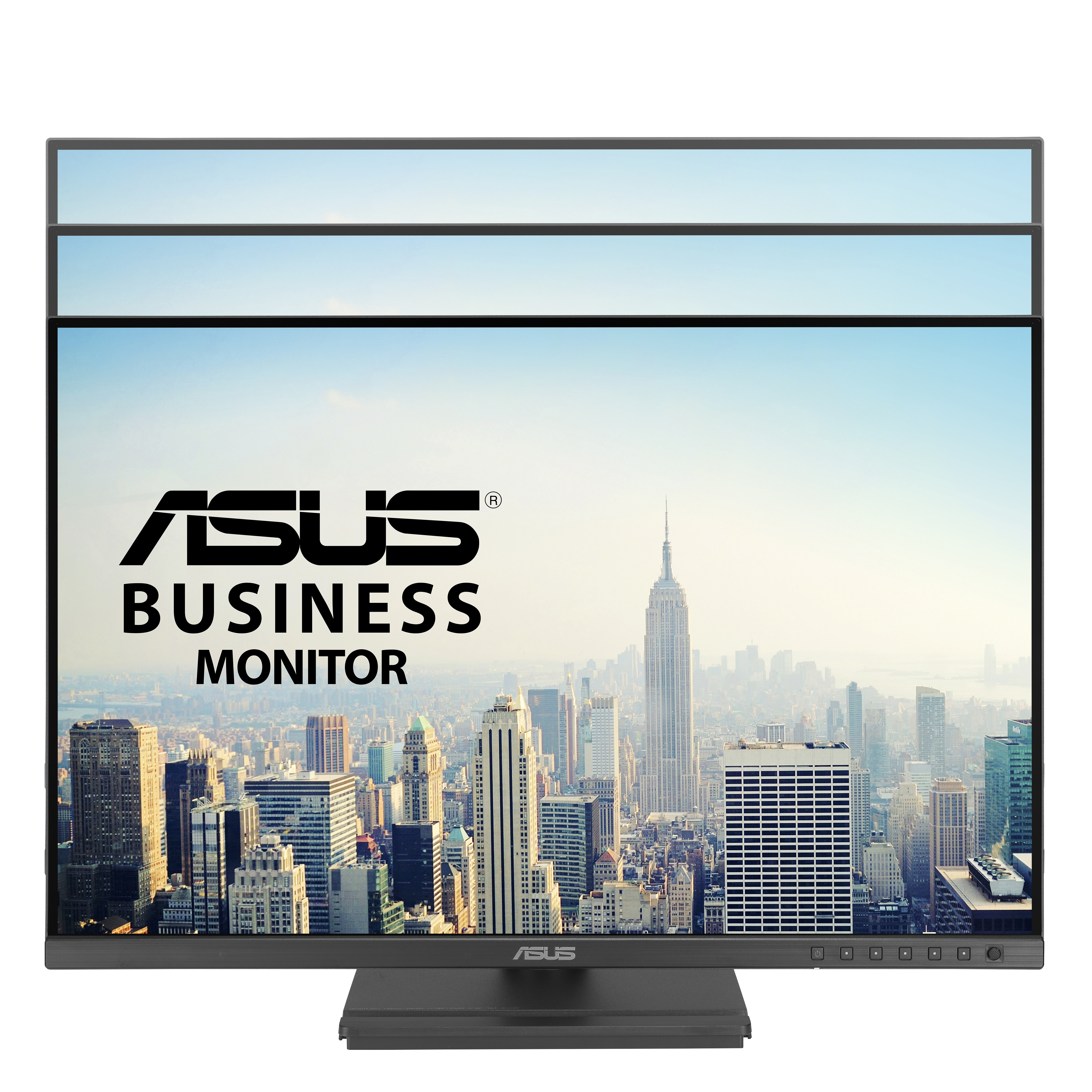 Monitor ASUS Business. Ekran przedstawia panoramę miasta z nowoczesną panoramą i logo ASUS.