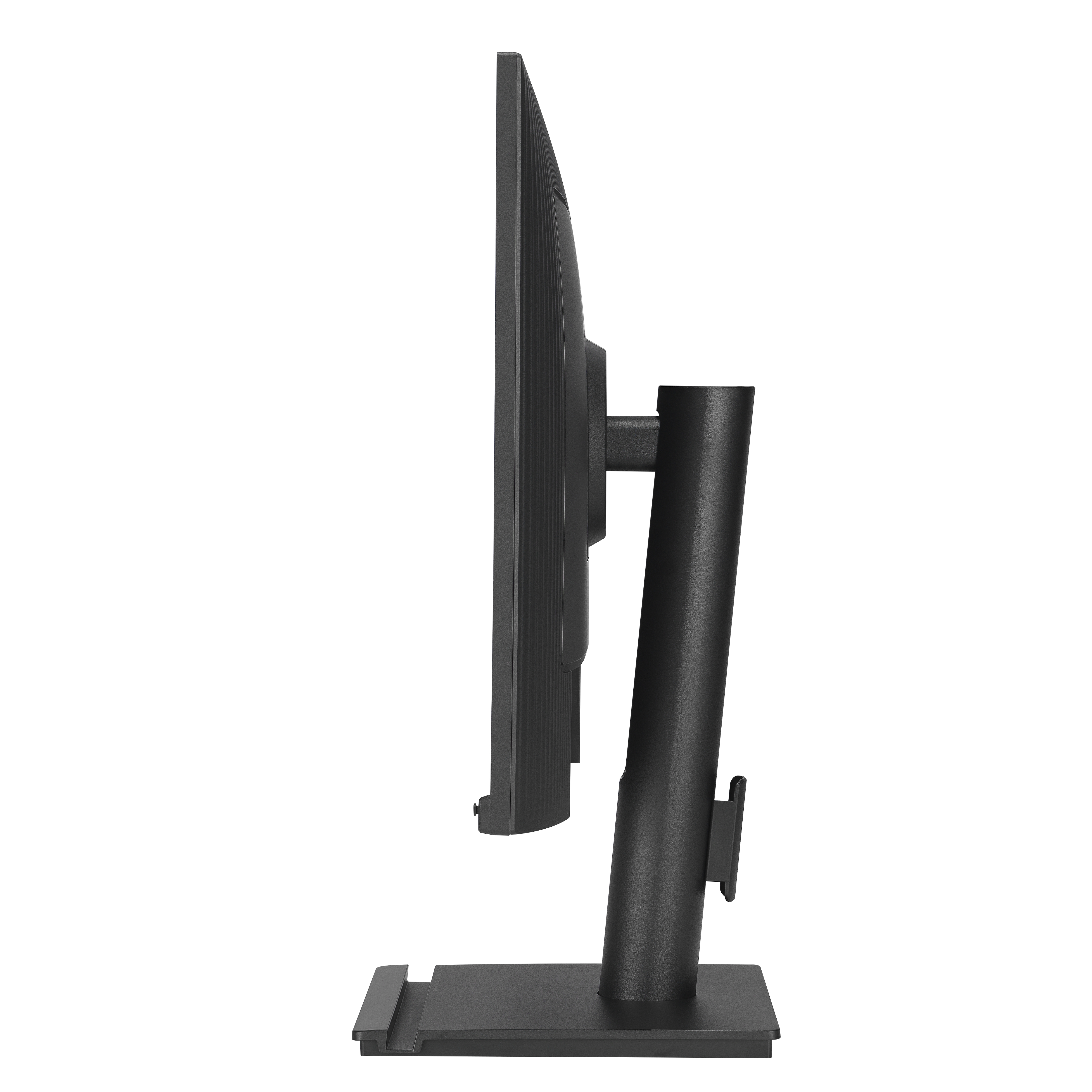 Czarny monitor z boku. Jest na czarnym stojaku, białe tło.