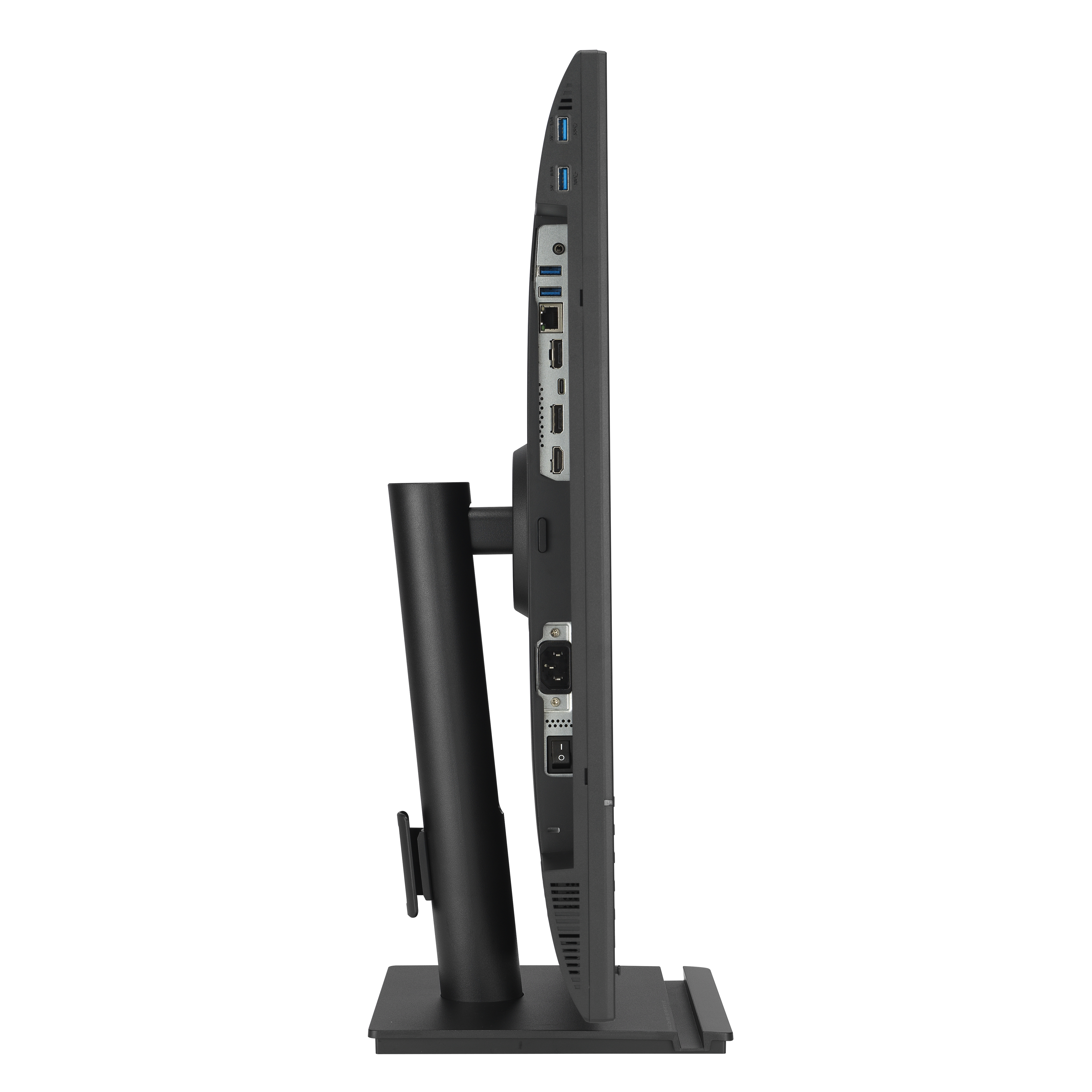 Widok z boku czarnego monitora z portami i czarną podstawą.