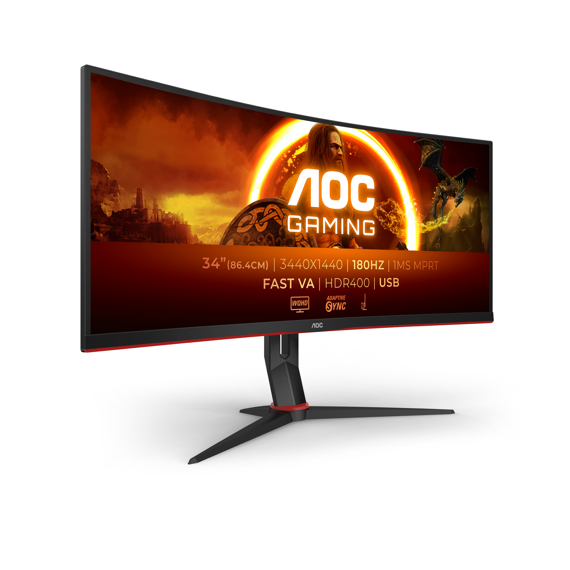 Monitor curvo para juegos AOC con fondo colorido, negro con detalles rojos, y texto en la parte inferior.