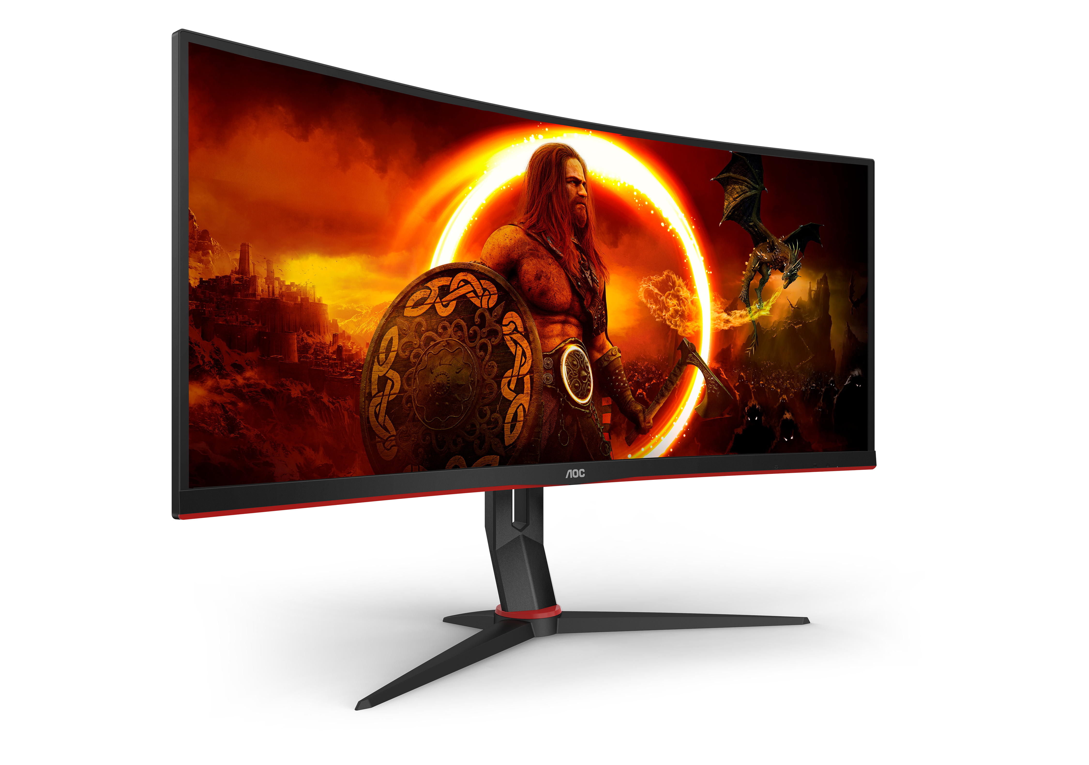 Monitor curvo para juegos mostrando una escena de juego con guerrero y dragón.