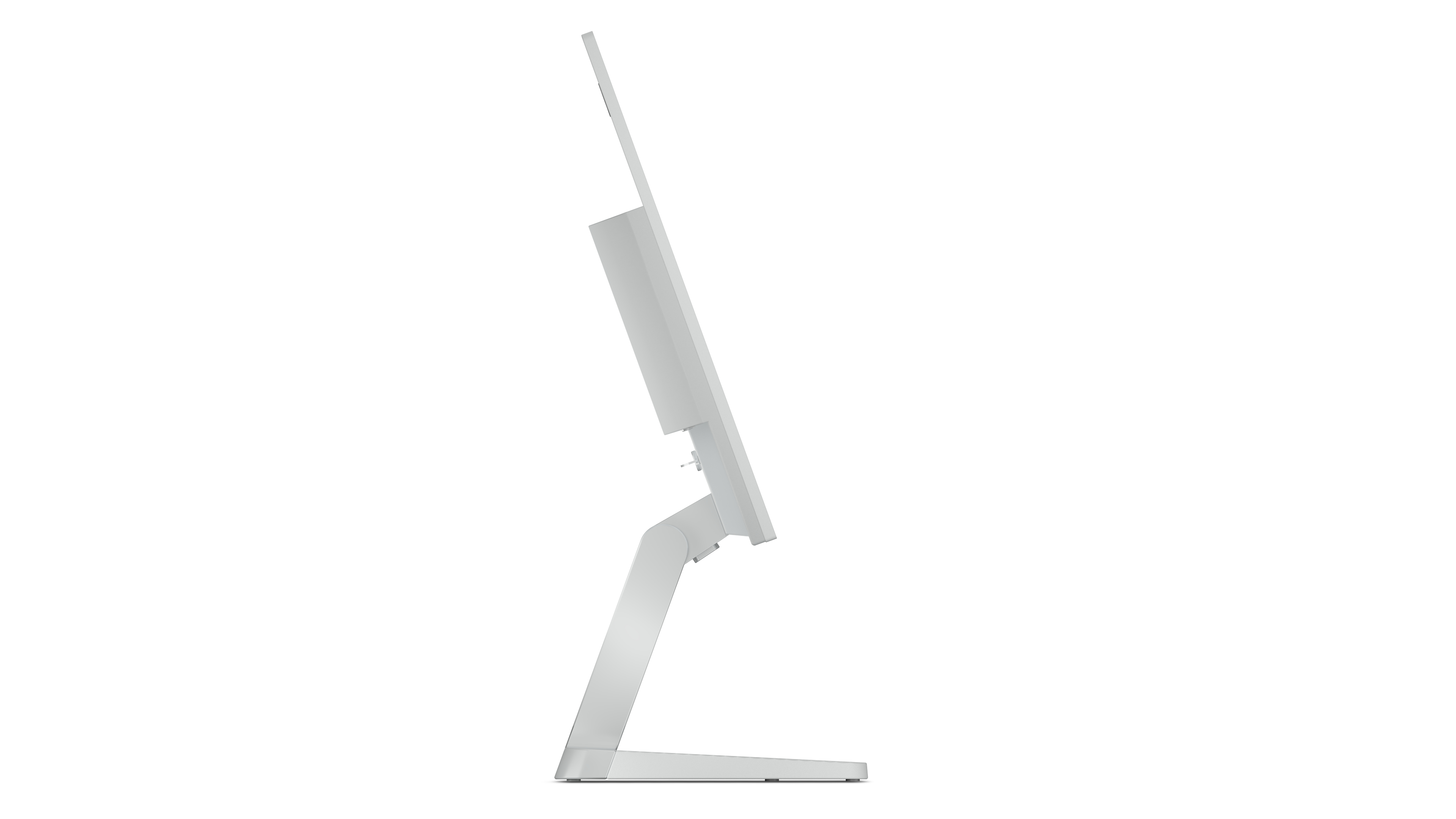 Biały monitor komputera w widoku z profilu, pokazujący ekran i podstawkę, na białym tle.