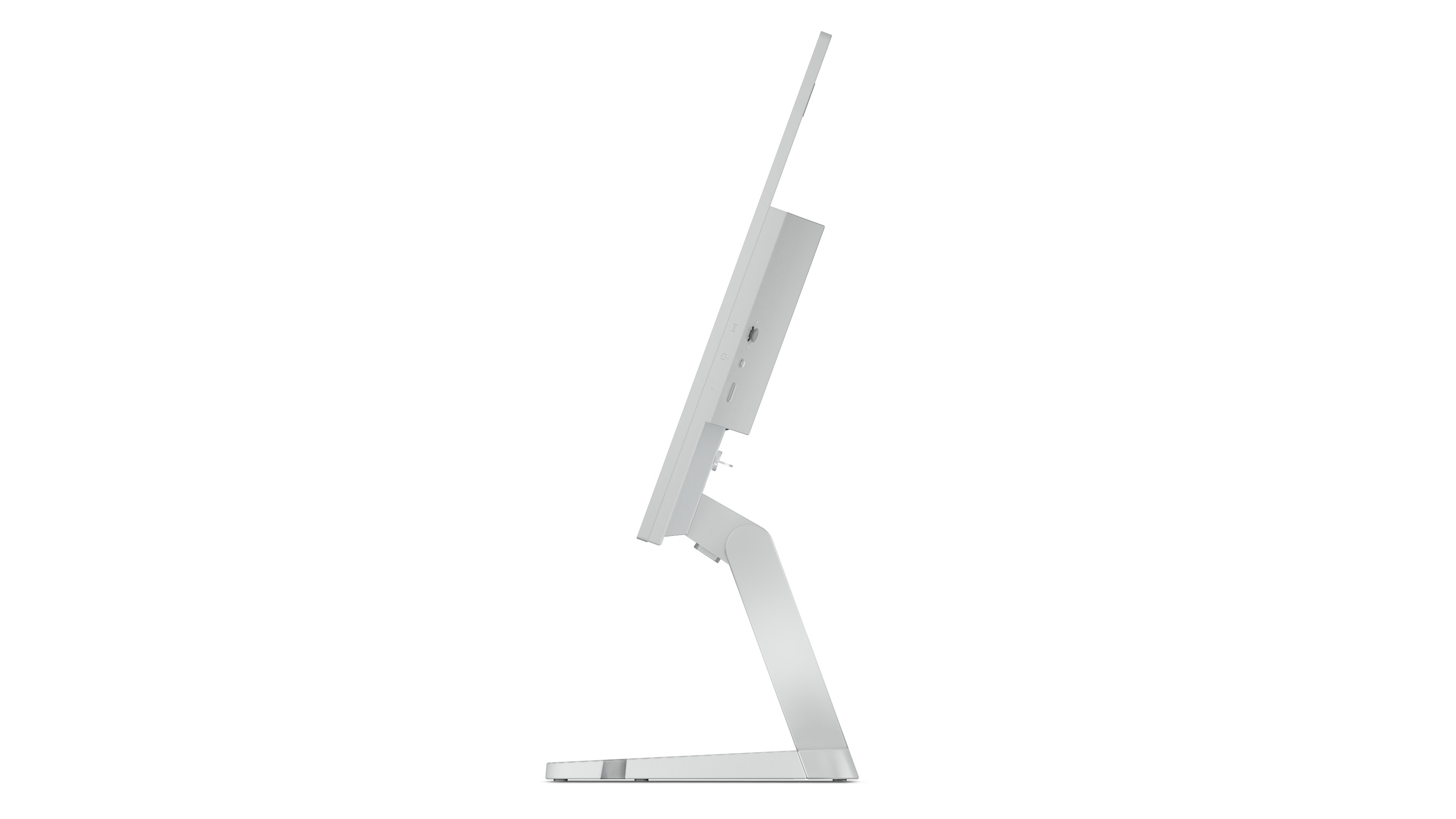 Biały monitor komputera ze stojakiem. Widok z boku, białe tło.