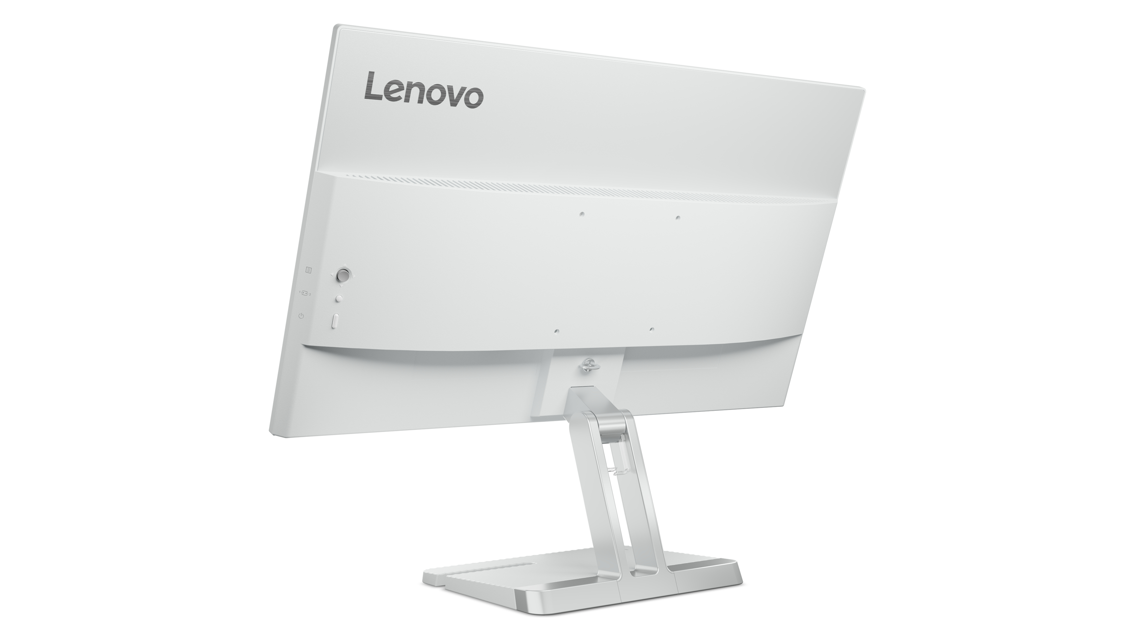 Widok z tyłu białego monitora Lenovo. Stojak jest srebrny. Logo Lenovo u góry.