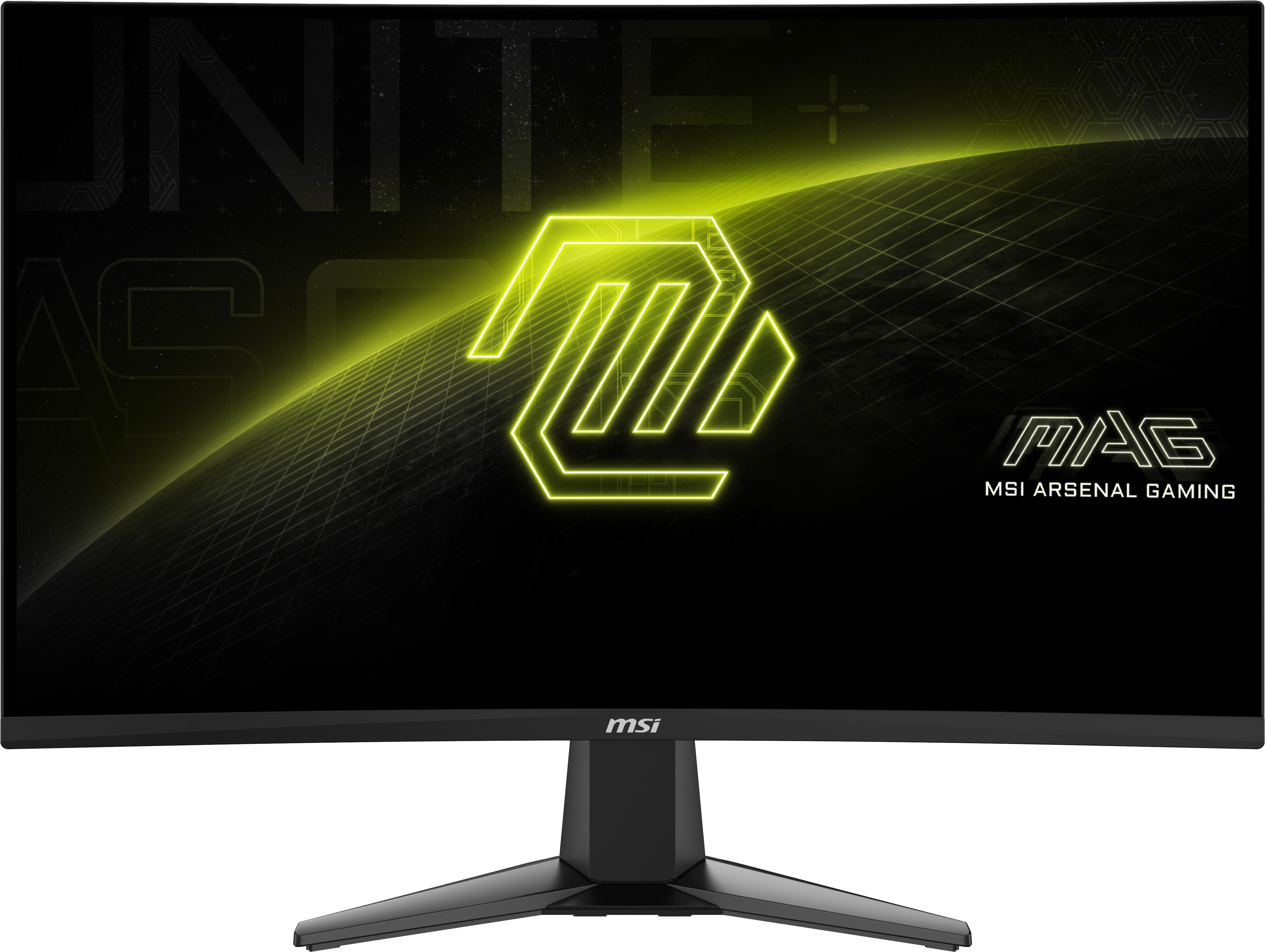 Monitor MSI z zakrzywionym ekranem. Ekran wyświetla neonowy żółty wzór.