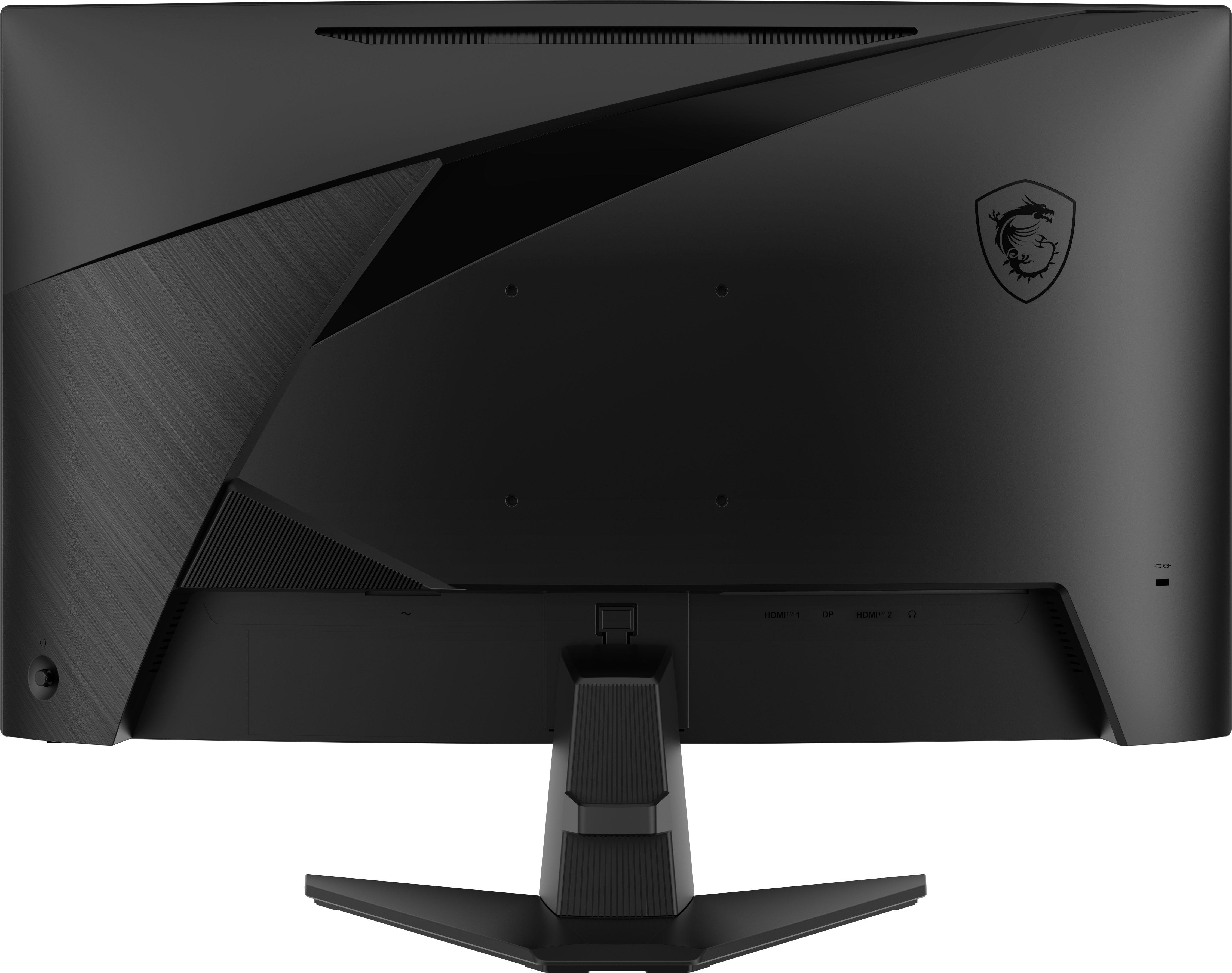 Widok z tyłu czarnego monitora MSI z portami i podstawą. Widoczne logo MSI.