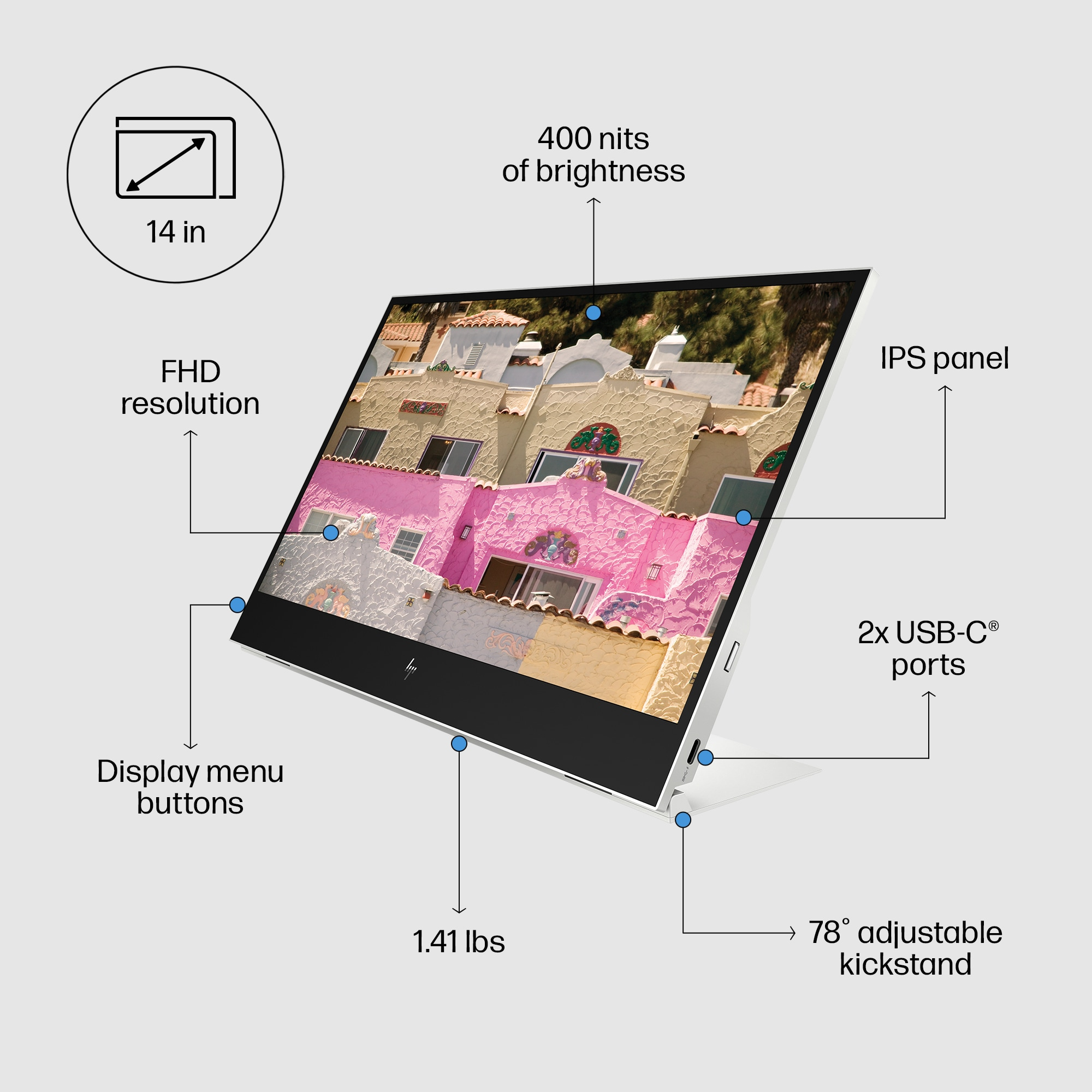Laptop blanco con imagen colorida en pantalla, con etiquetas señalando funciones.