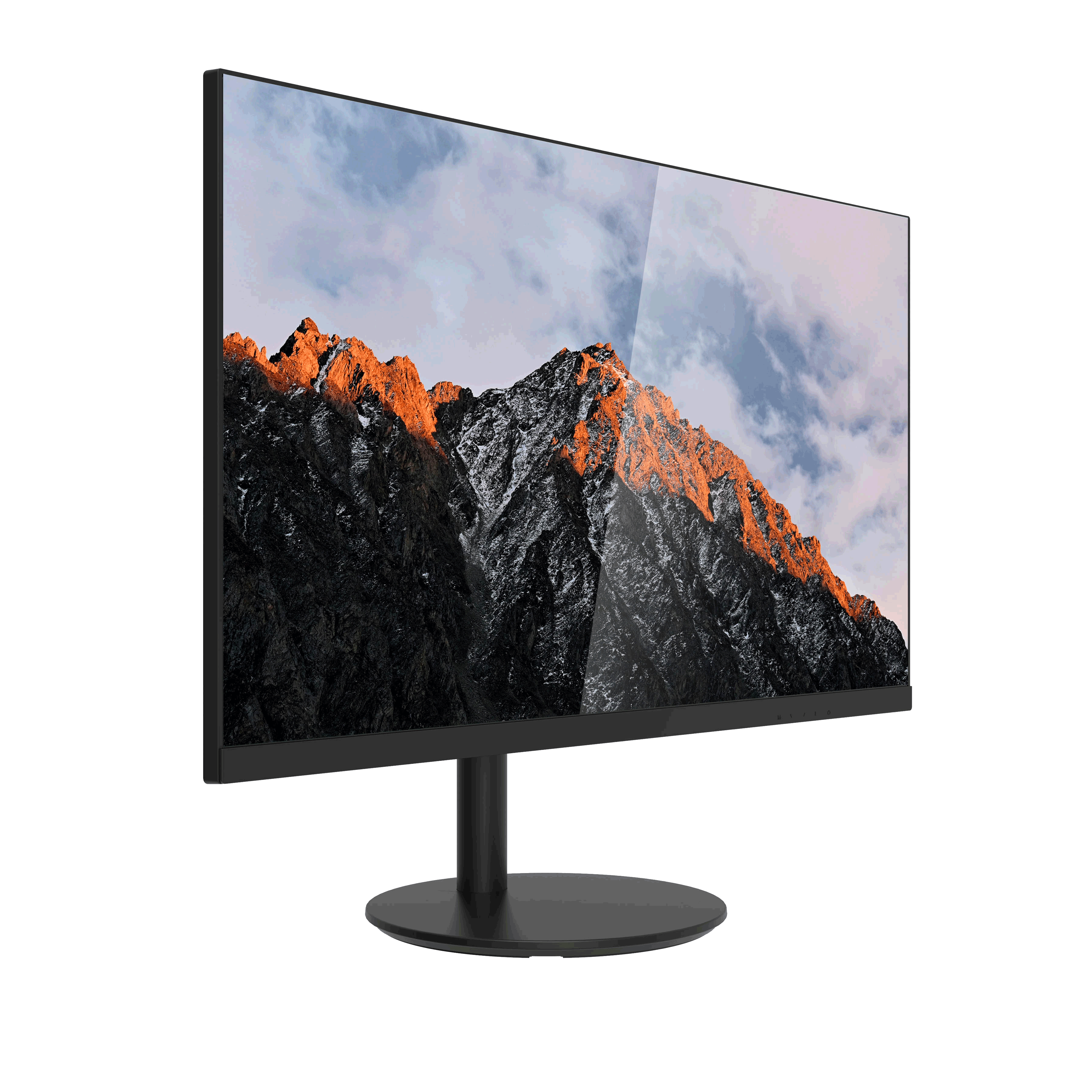 A monitor displays a mountain scene with a black stand on a white background.