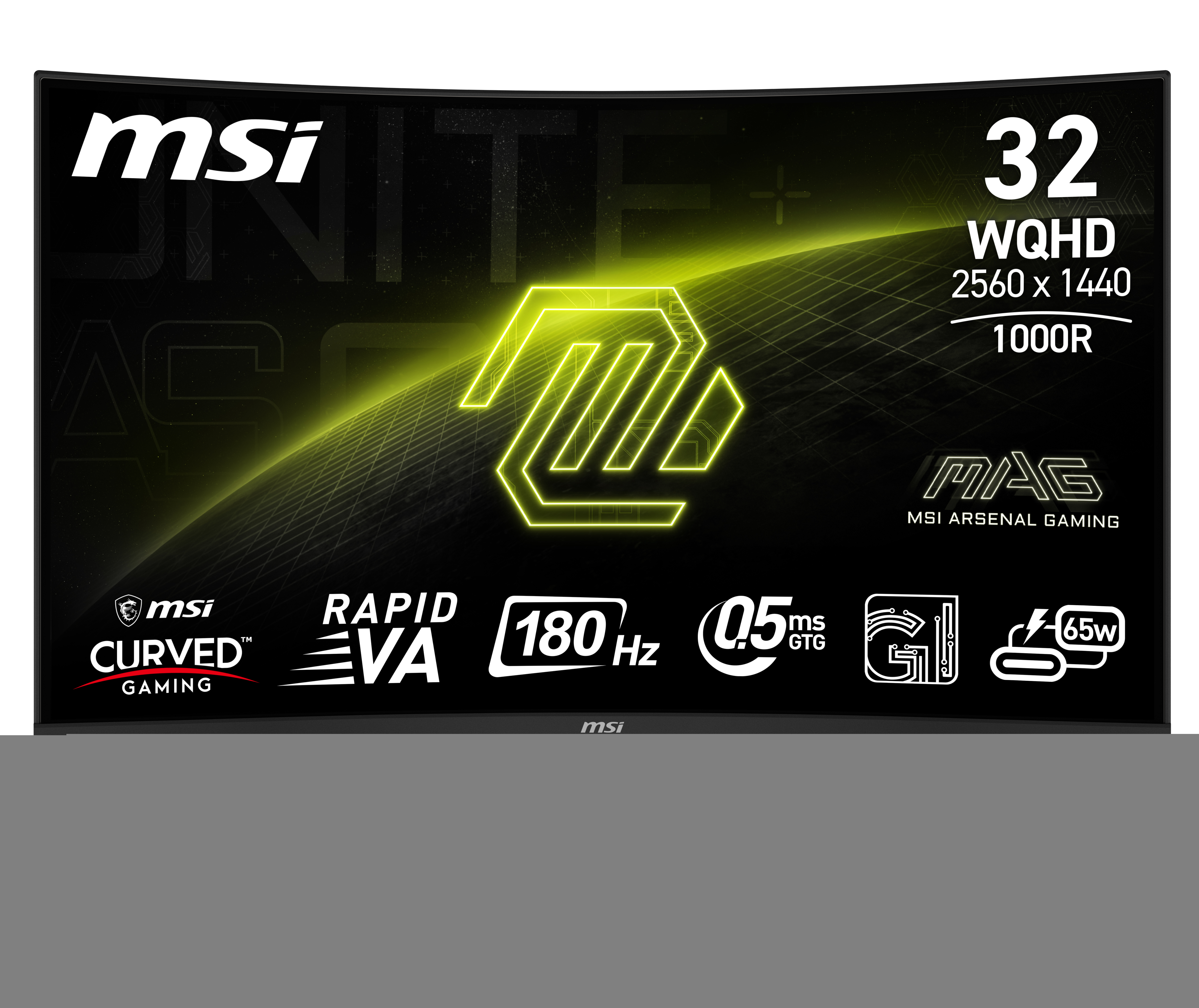 Monitor curvo MSI. Muestra gráficos y texto, incluyendo el logotipo de MSI y especificaciones.