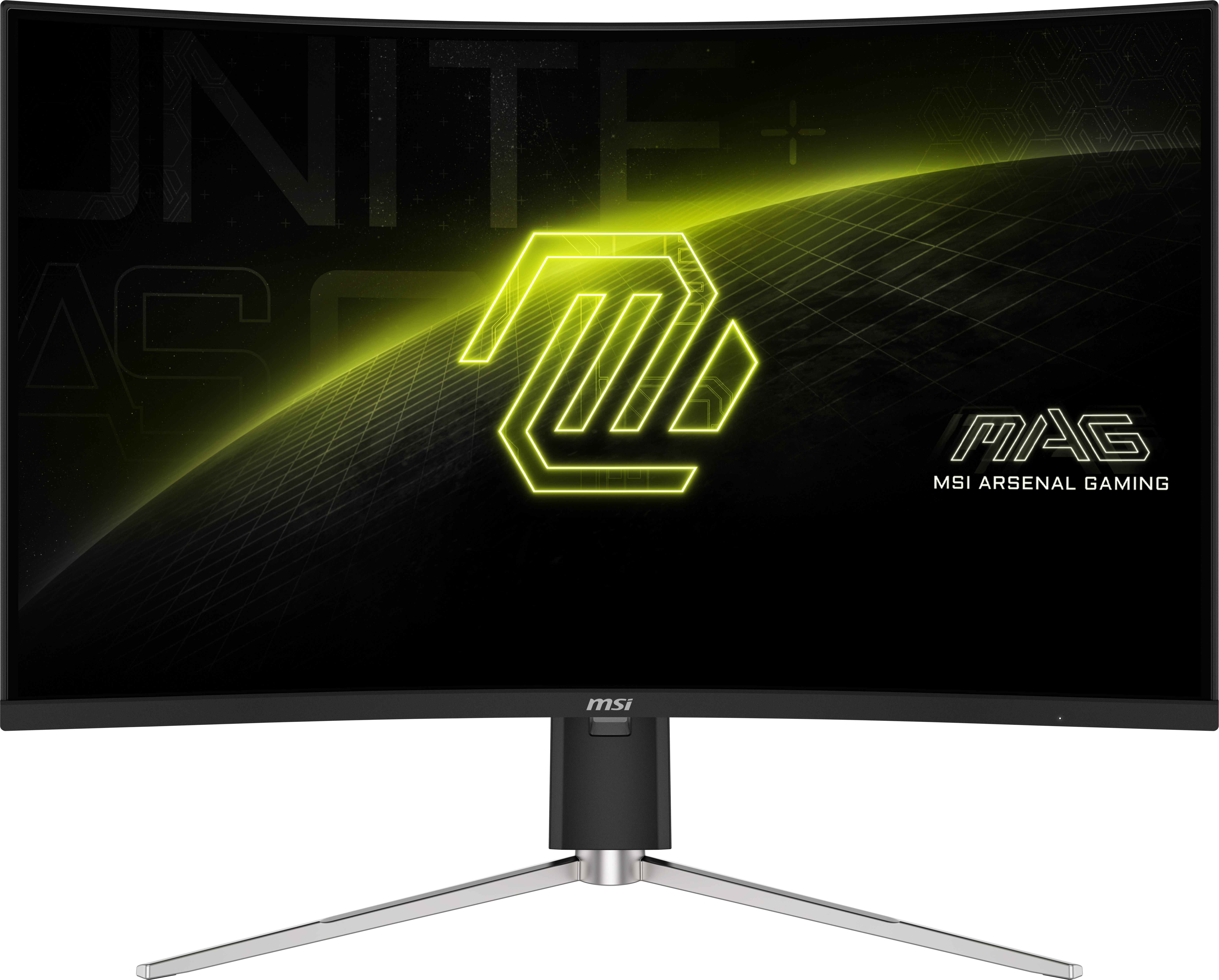 Un monitor curvo para juegos MSI muestra un logotipo brillante con colores amarillos y verdes.
