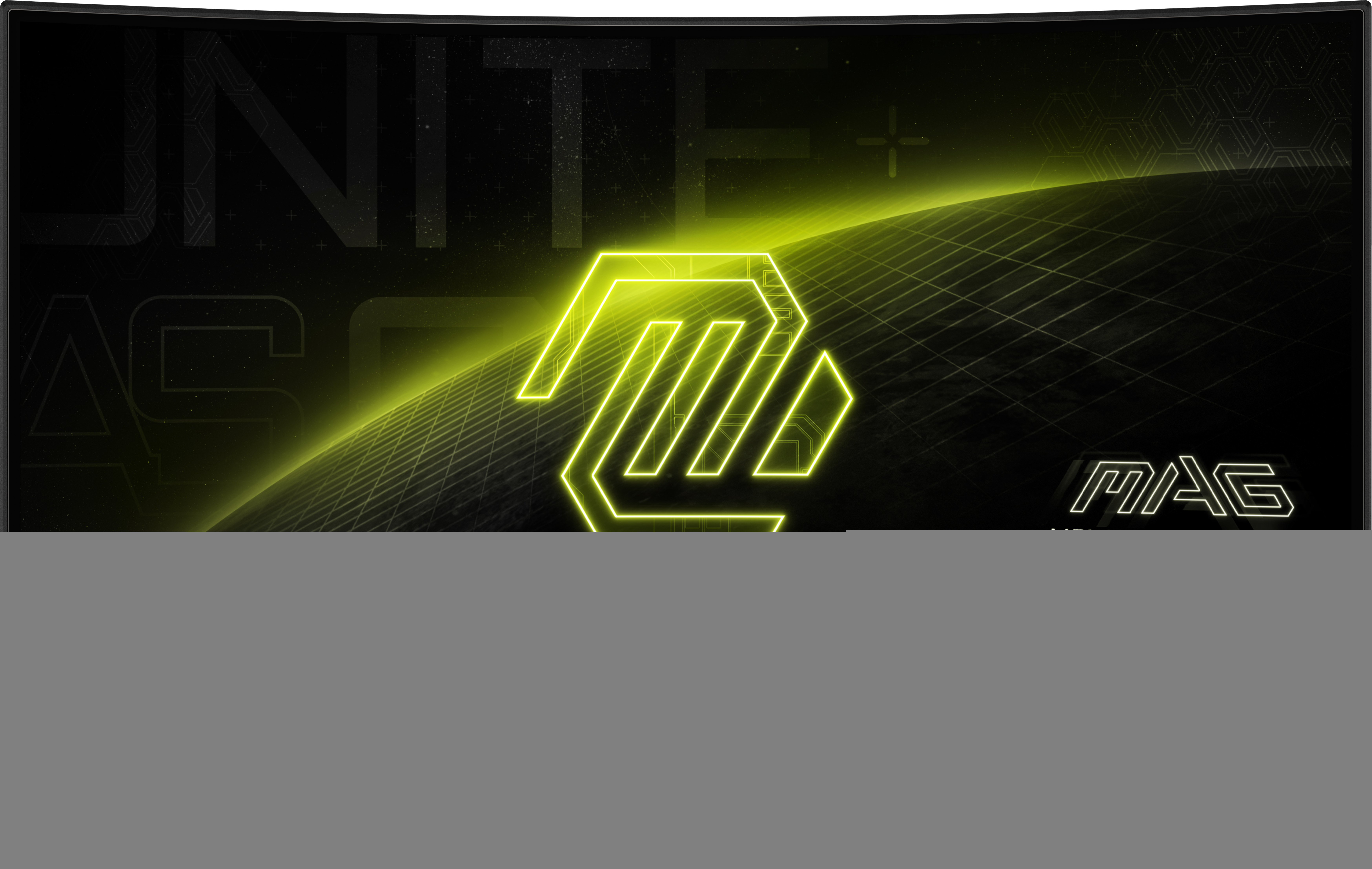 Un monitor MSI ultra ancho con un logotipo de neón y un fondo negro y amarillo.