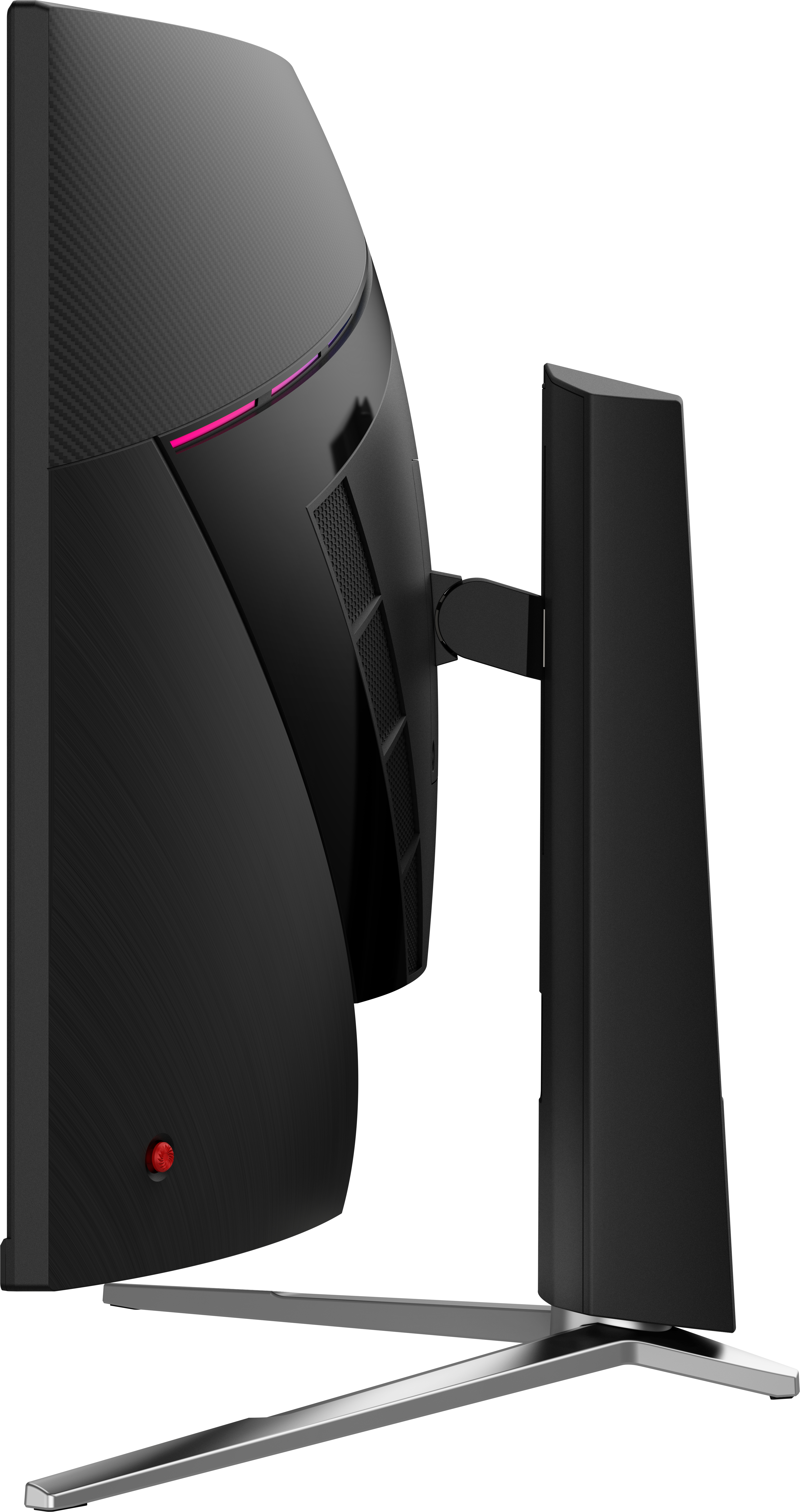 Vista lateral de un monitor gaming negro con pantalla curva y soporte plateado.
