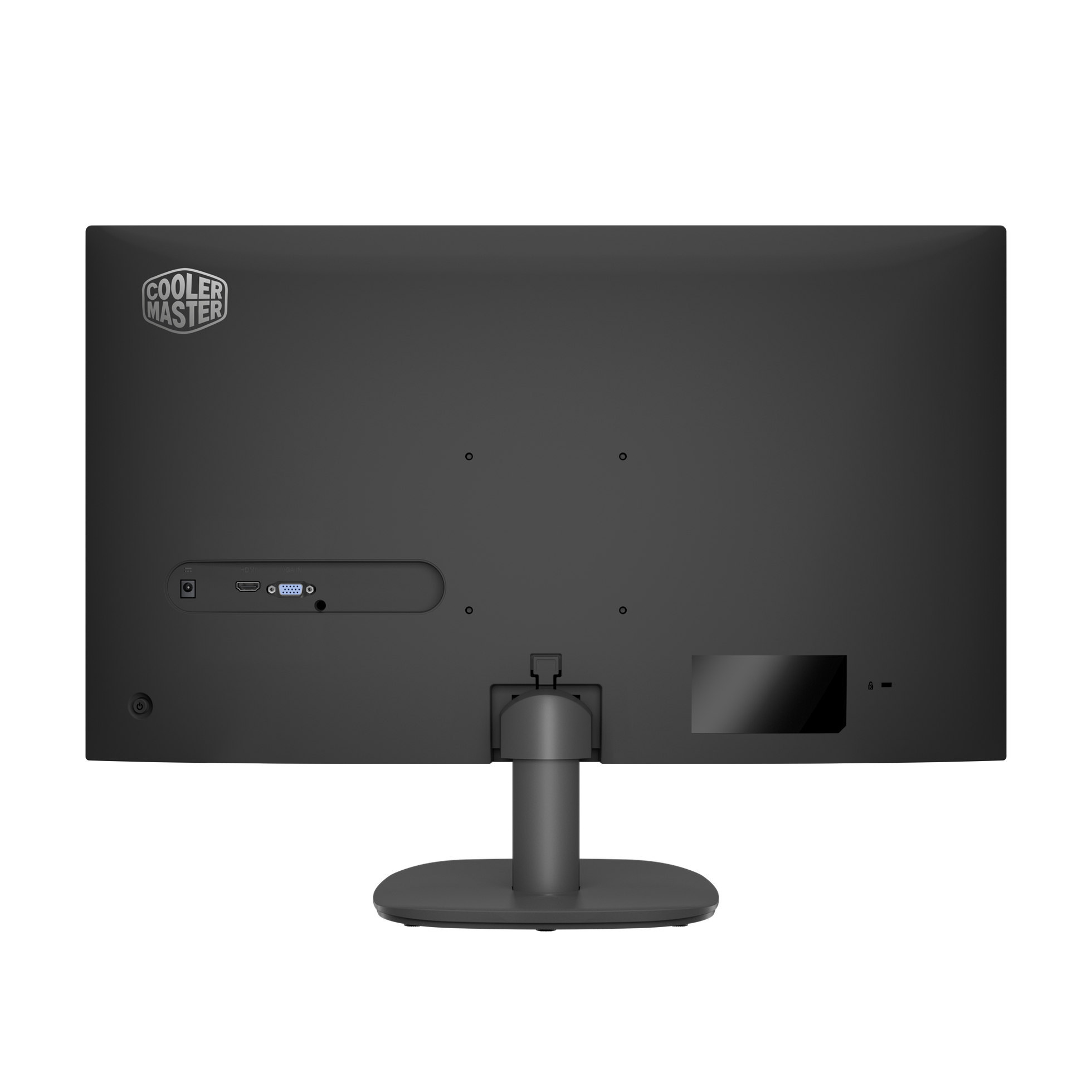 Rückseite eines schwarzen Cooler Master Monitors, zeigt Anschlüsse und Logo.